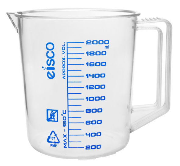 TPX Measuring Jug with Spout and Handle, Short Form, 2000 ml, 100 ml Graduation, Autoclavable