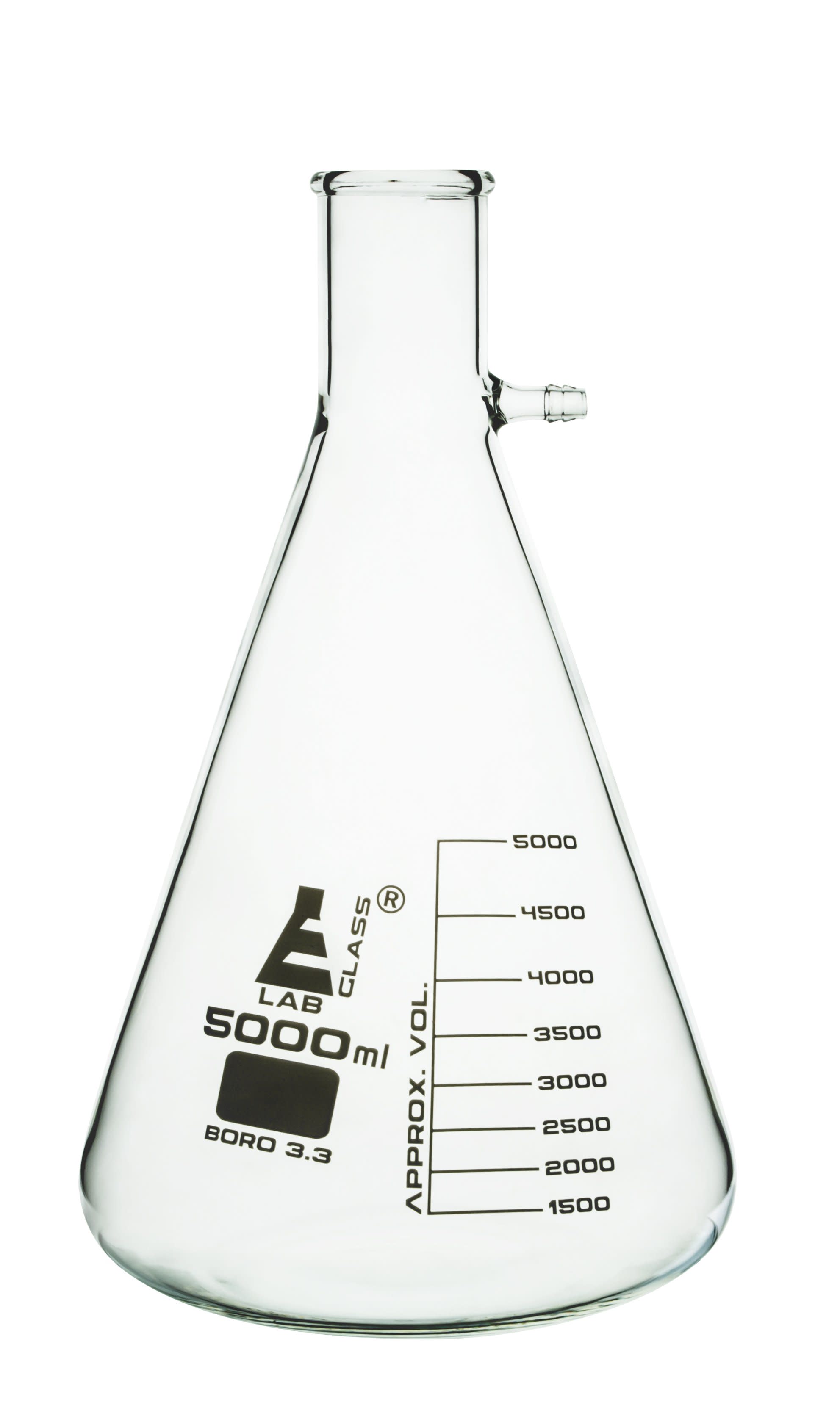 Borosilicate Glass Filtering Flask With Glass Connector, 5000ml, Graduated, Autoclavable
