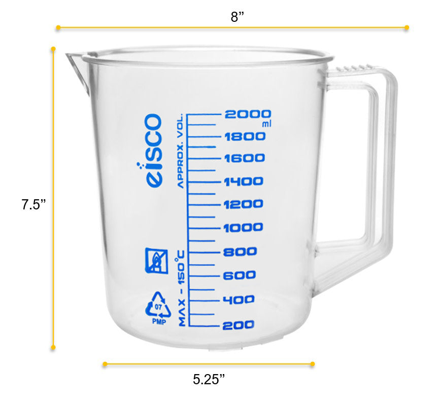 TPX Measuring Jug with Spout and Handle, Short Form, 2000 ml, 100 ml Graduation, Autoclavable