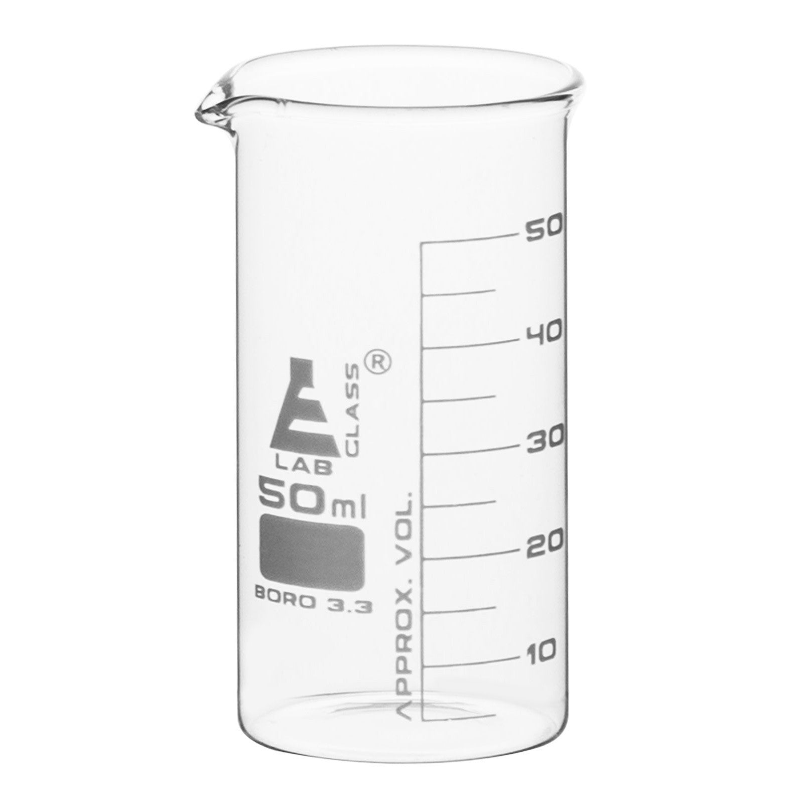 Borosilicate Tall Form Beaker, 50ml, 5ml Graduation, Autoclavable