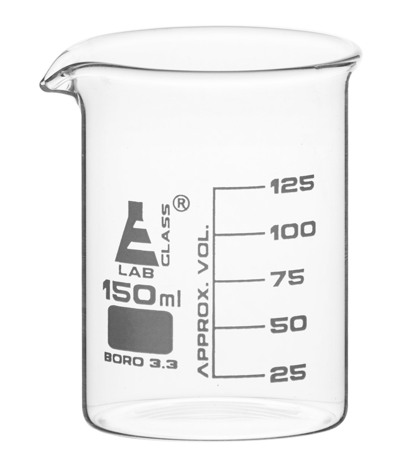 Borosilicate Low Form Beaker, 150ml, 25ml Graduation, Autoclavable