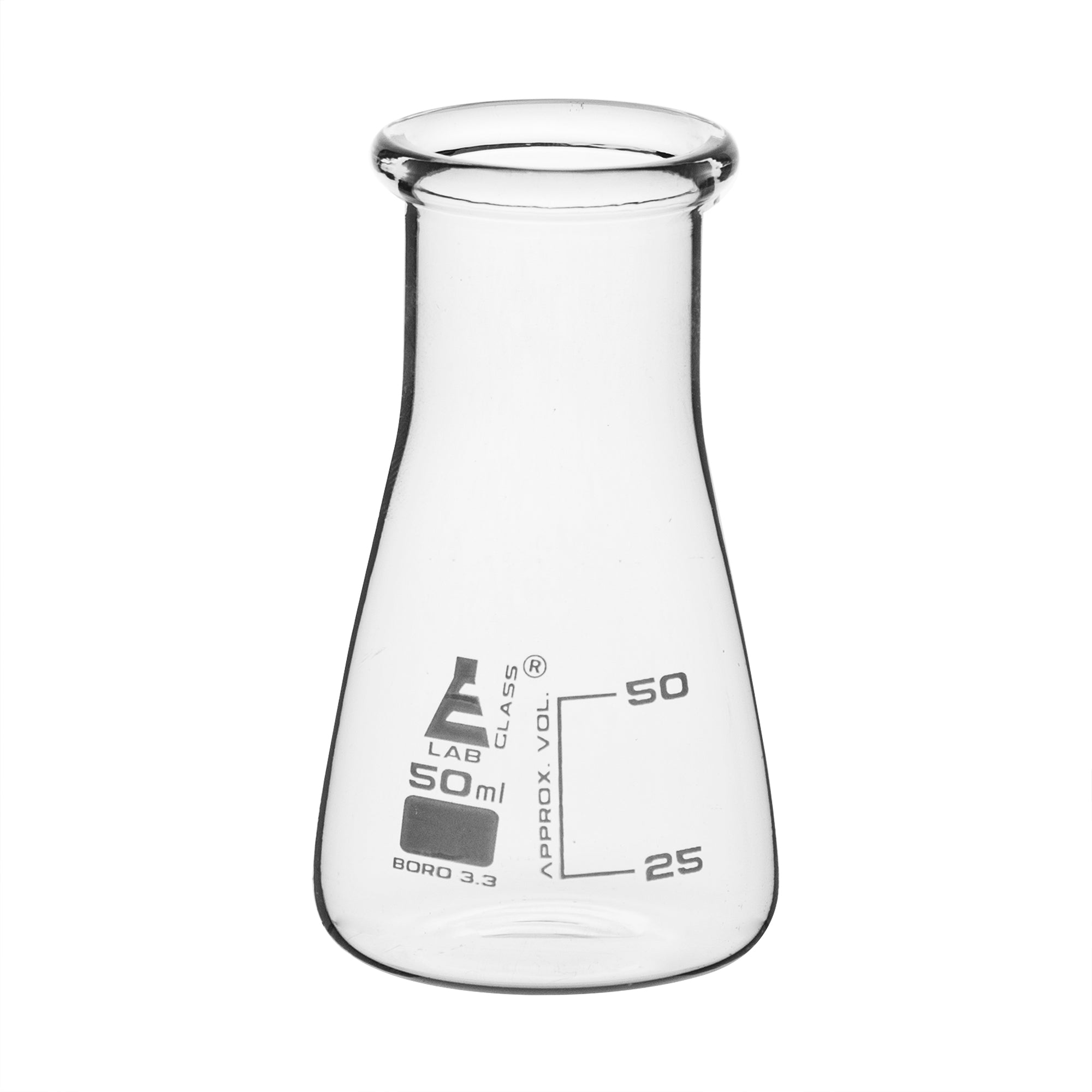 Borosilicate Glass Wide Neck Erlenmeyer Flask, 50 ml, Pack of 12, Autoclavable