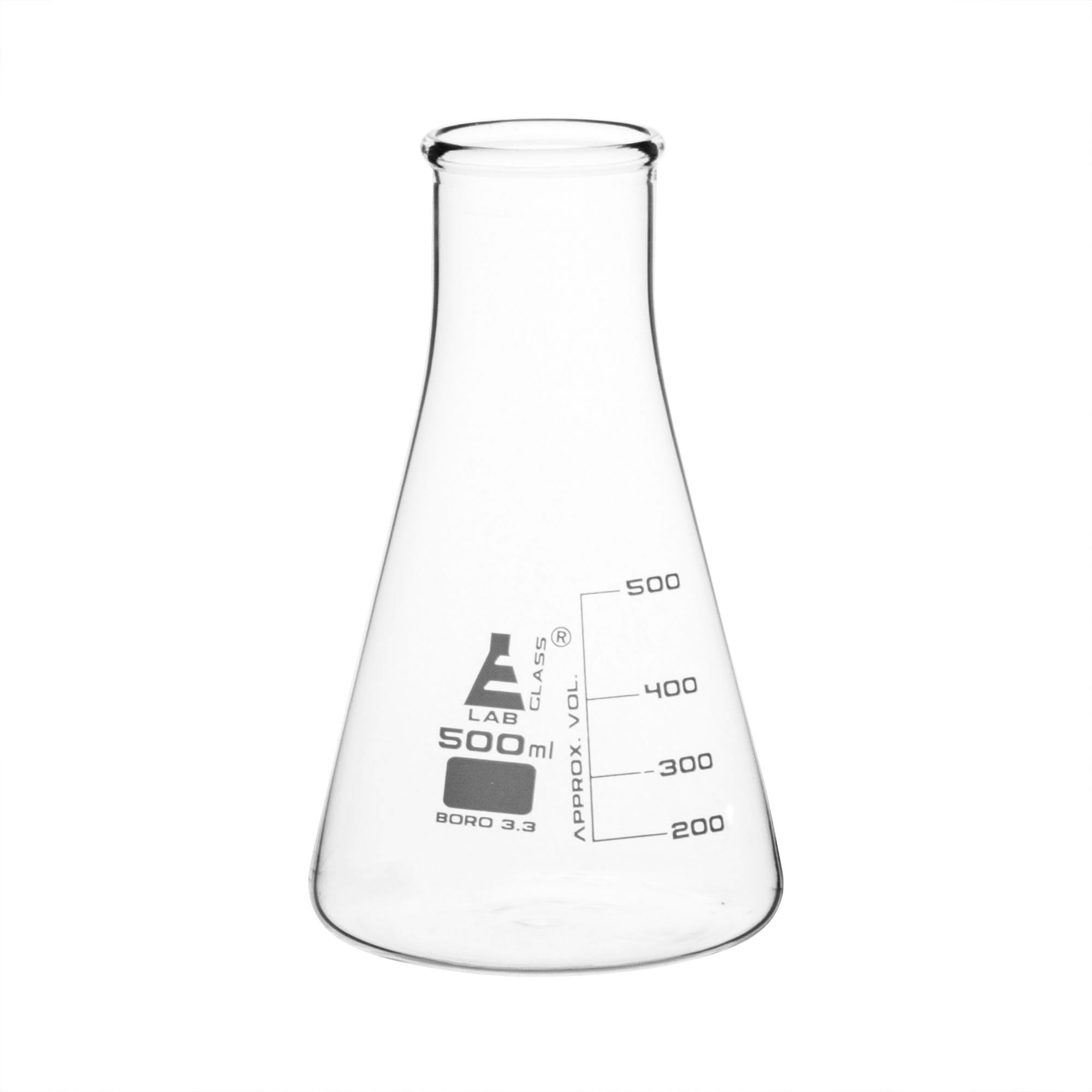 Borosilicate Glass Wide Neck Erlenmeyer Flask, 500 ml, Pack of 6, Autoclavable