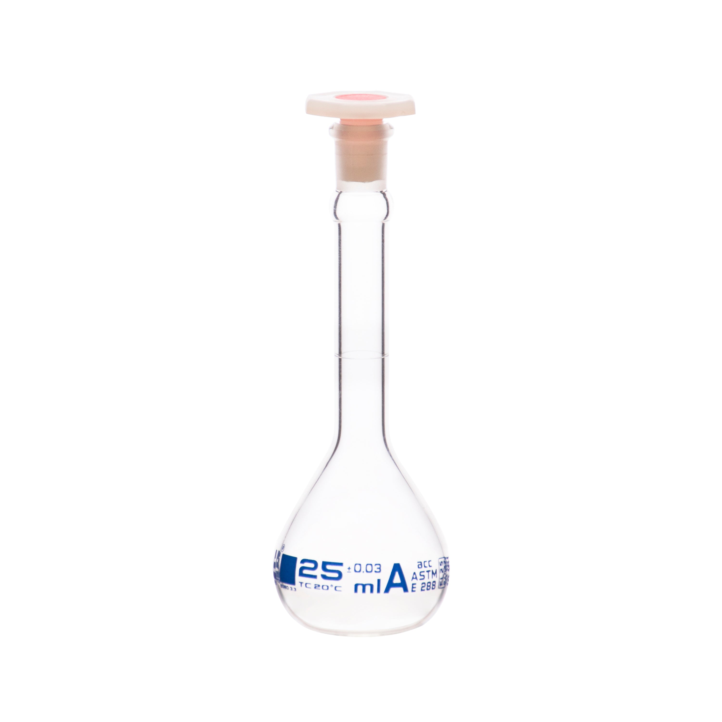 Borosilicate Volumetric Flask with Polyethylene Stopper, 25 ml, Class A, Blue Print, ASTM, Autoclavable