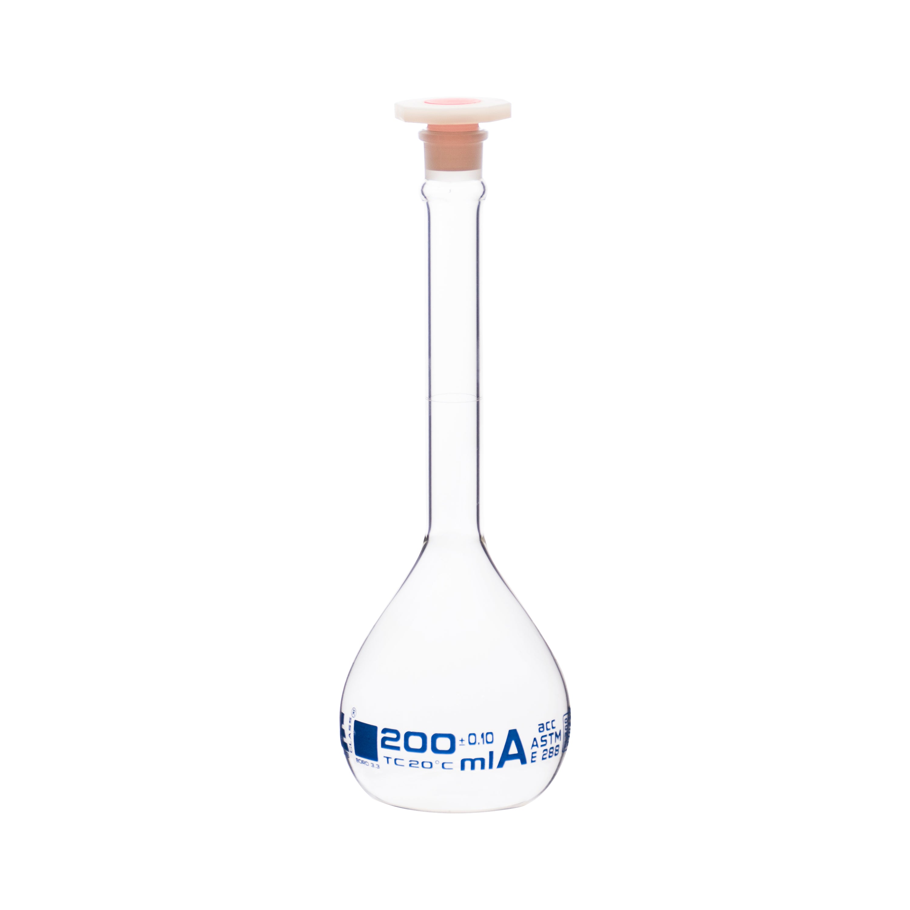 Borosilicate Volumetric Flask with Polyethylene Stopper, 200 ml, Class A, Blue Print, ASTM, Autoclavable