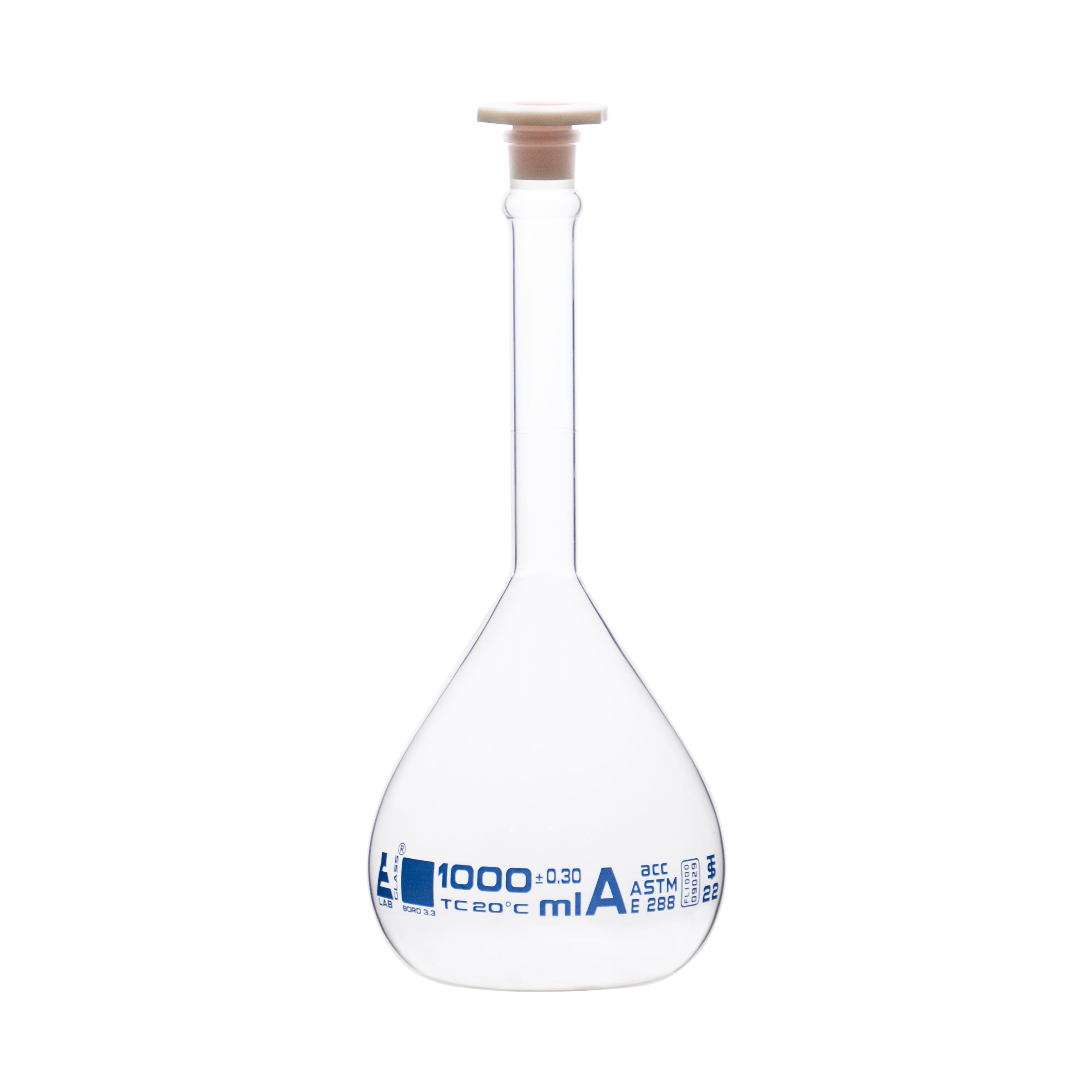 Borosilicate Volumetric Flask with Polyethylene Stopper, 1000 ml, Class A, Blue Print, ASTM, Autoclavable
