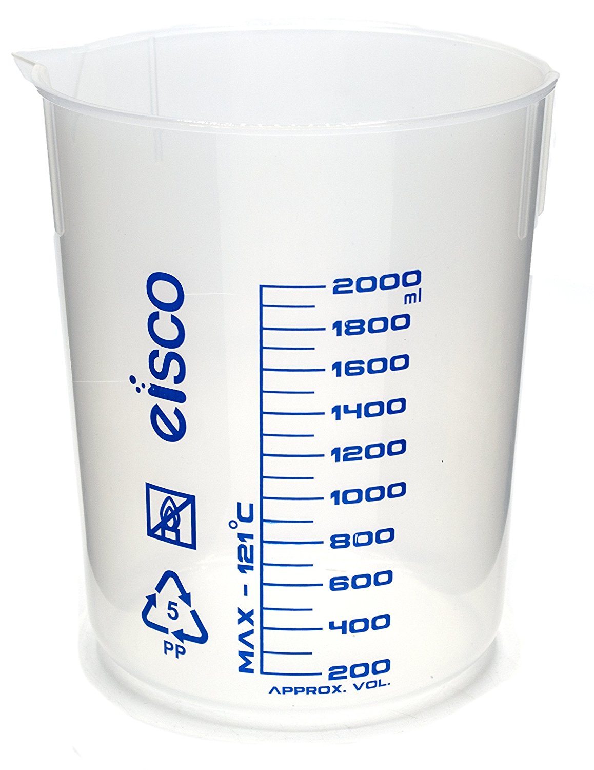 Printed Polypropylene Beaker, 2000 ml, 100 ml Graduation, Autoclavable