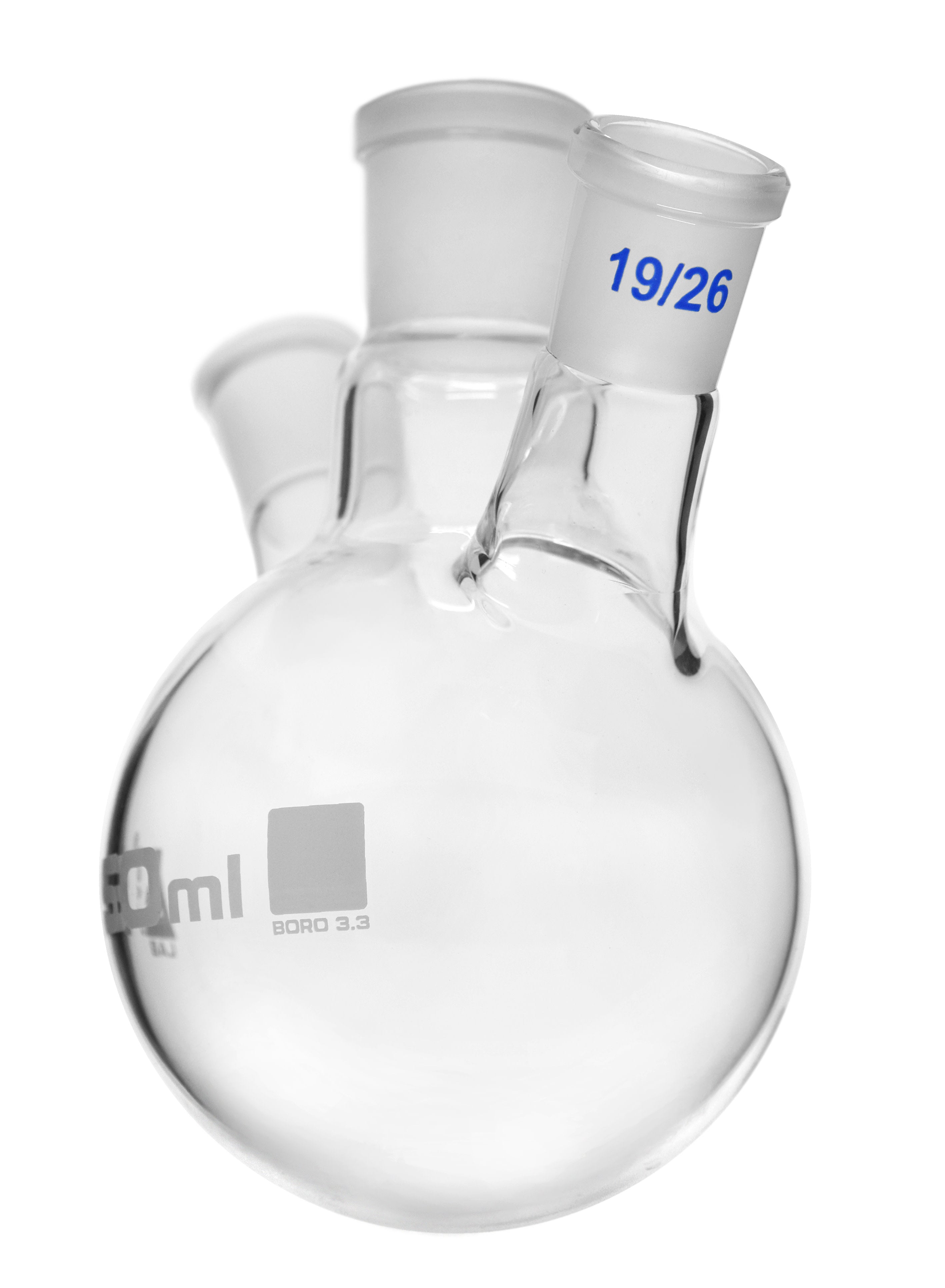 Borosilicate Glass 3 Neck Distillation Flask, 250ml, 24/29 Oblique Neck, 19/26 Side Joint, Autoclavable