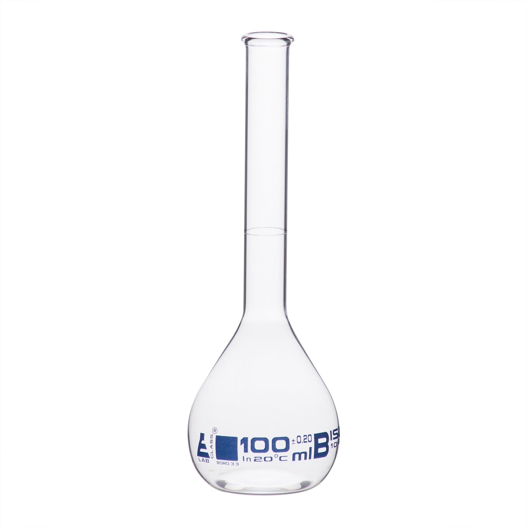 Borosilicate Glass Volumetric Flask with Beaded Rim, 100ml, Class B, Blue Print, Autoclavable
