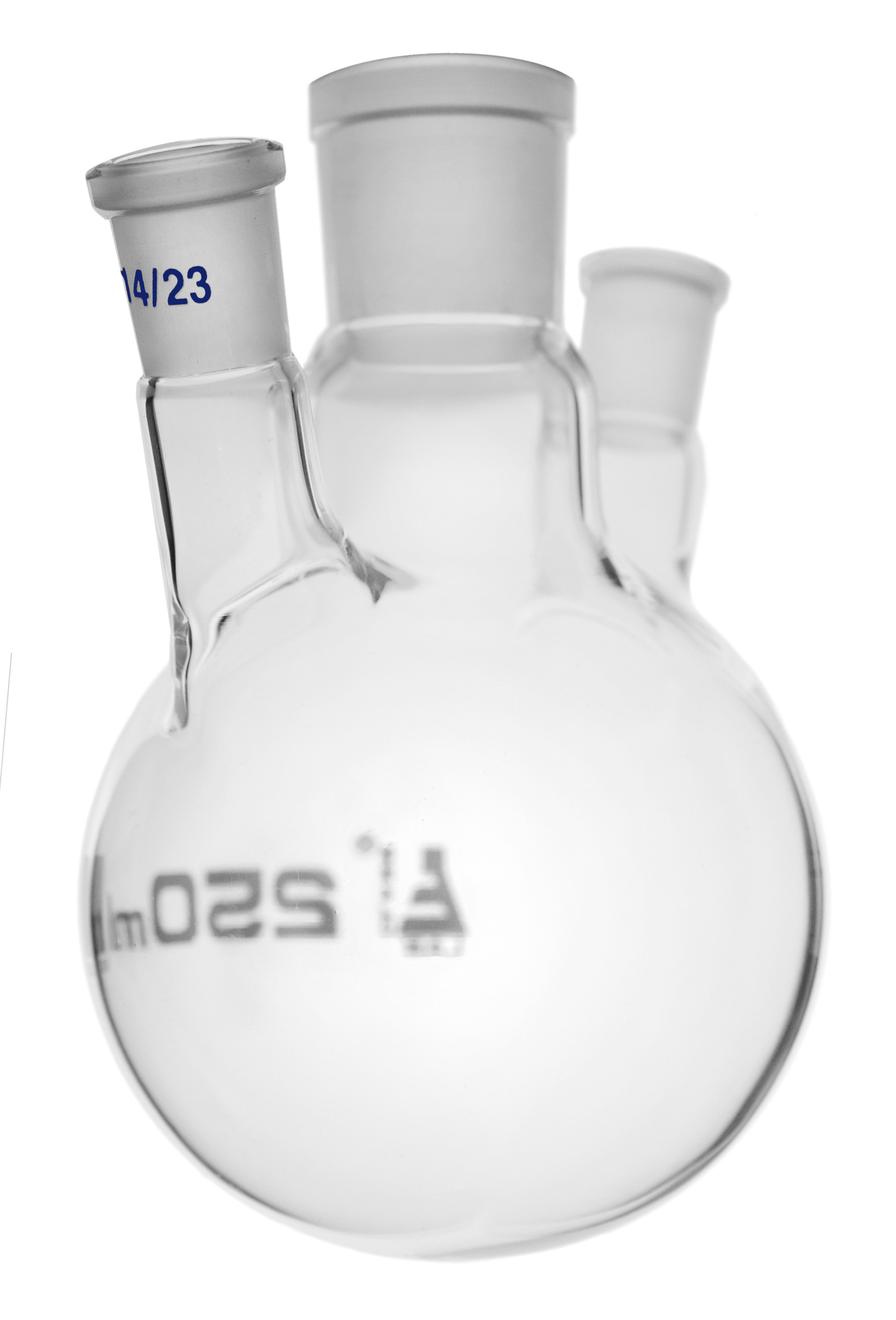 Borosilicate Glass 3 Neck Distillation Flask, 250ml, 24/29 Oblique Neck, 14/23 Side Joint, Autoclavable