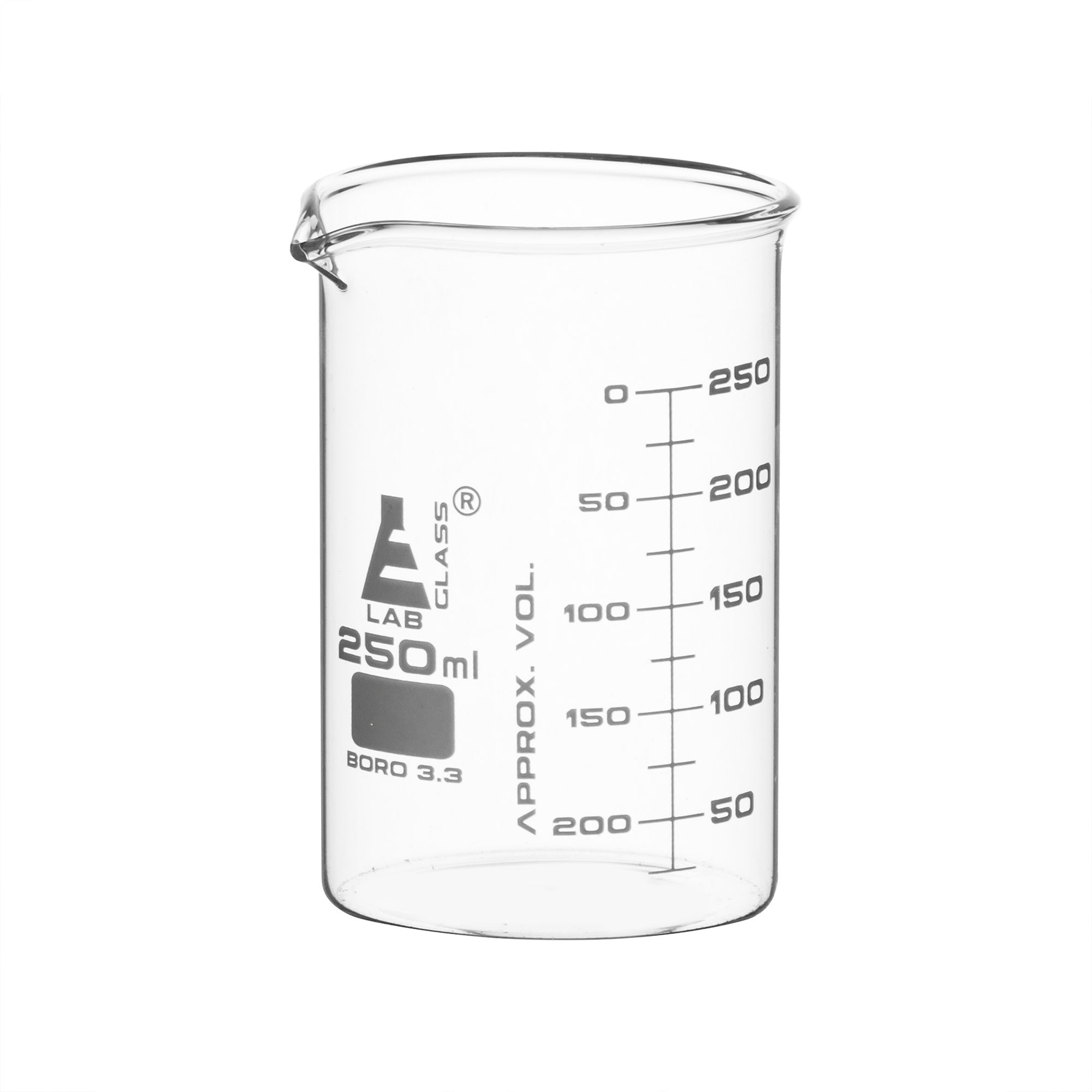Borosilicate ASTM Low Form Beaker, 250ml, 25ml Graduation, Autoclavable