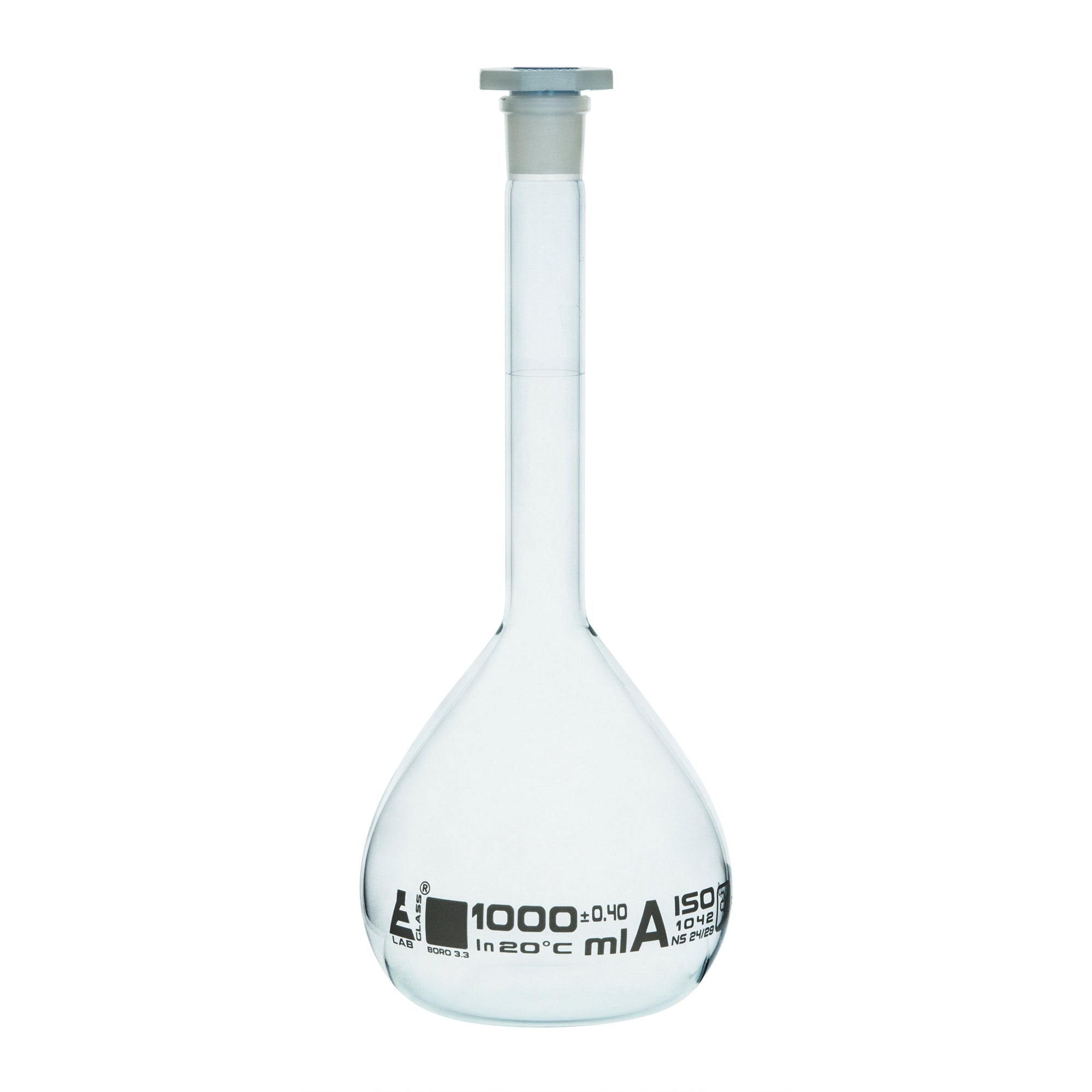 Borosilicate Glass Volumetric Flask with Polyethylene Stopper, 1000ml, Class A, White Print, Autoclavable