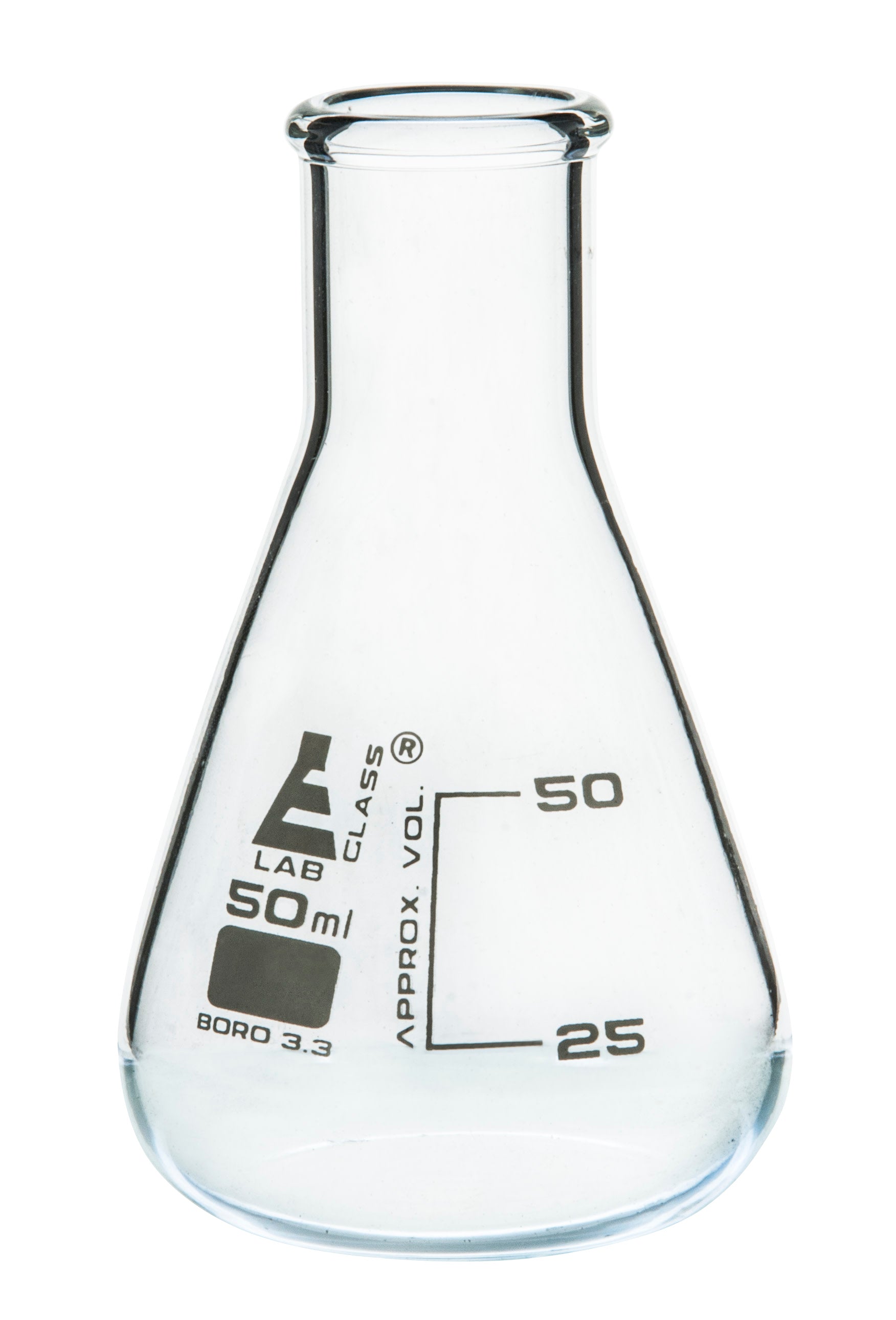 Borosilicate Glass Erlenmeyer Flask, 50 ml, 25 ml Graduations, Autoclavable