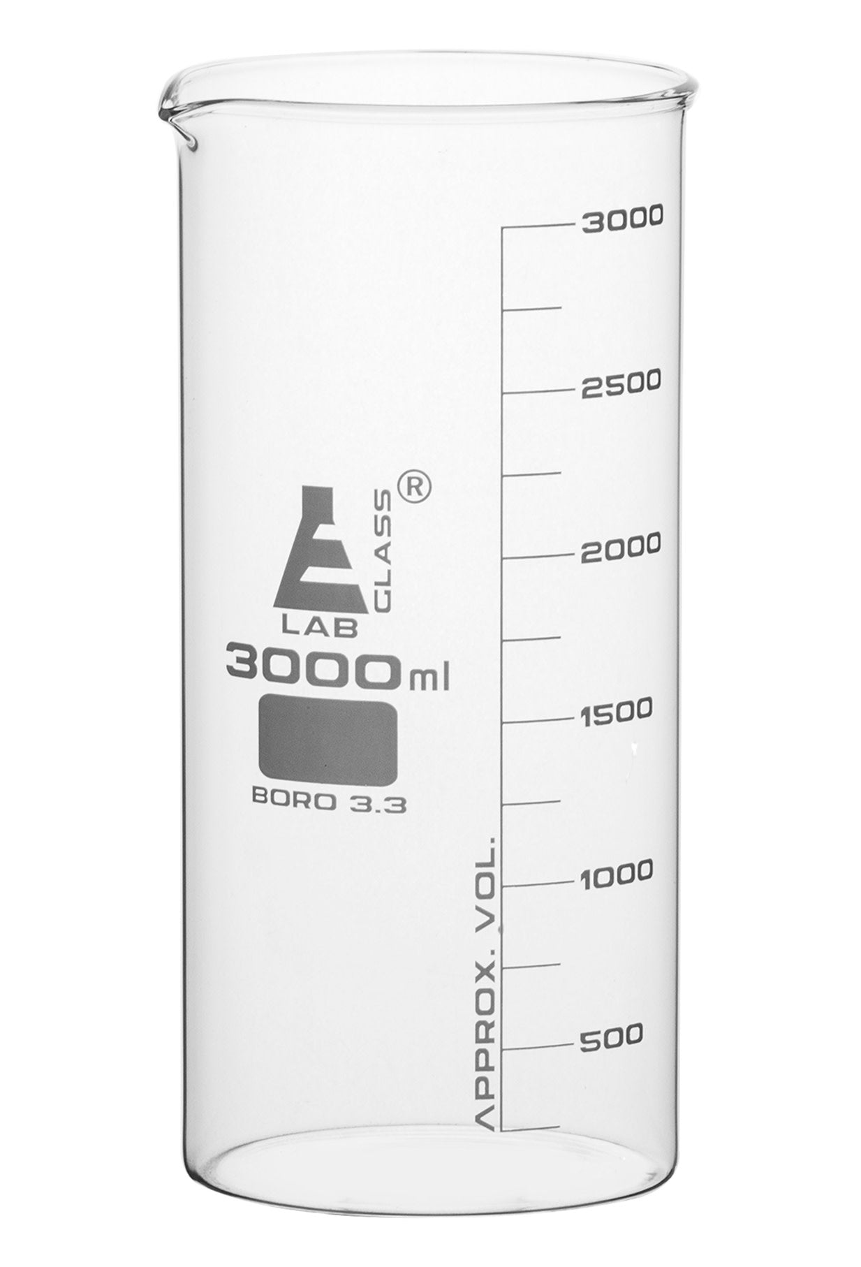 Borosilicate Tall Form Beaker, 3000ml, 250ml Graduation, Autoclavable