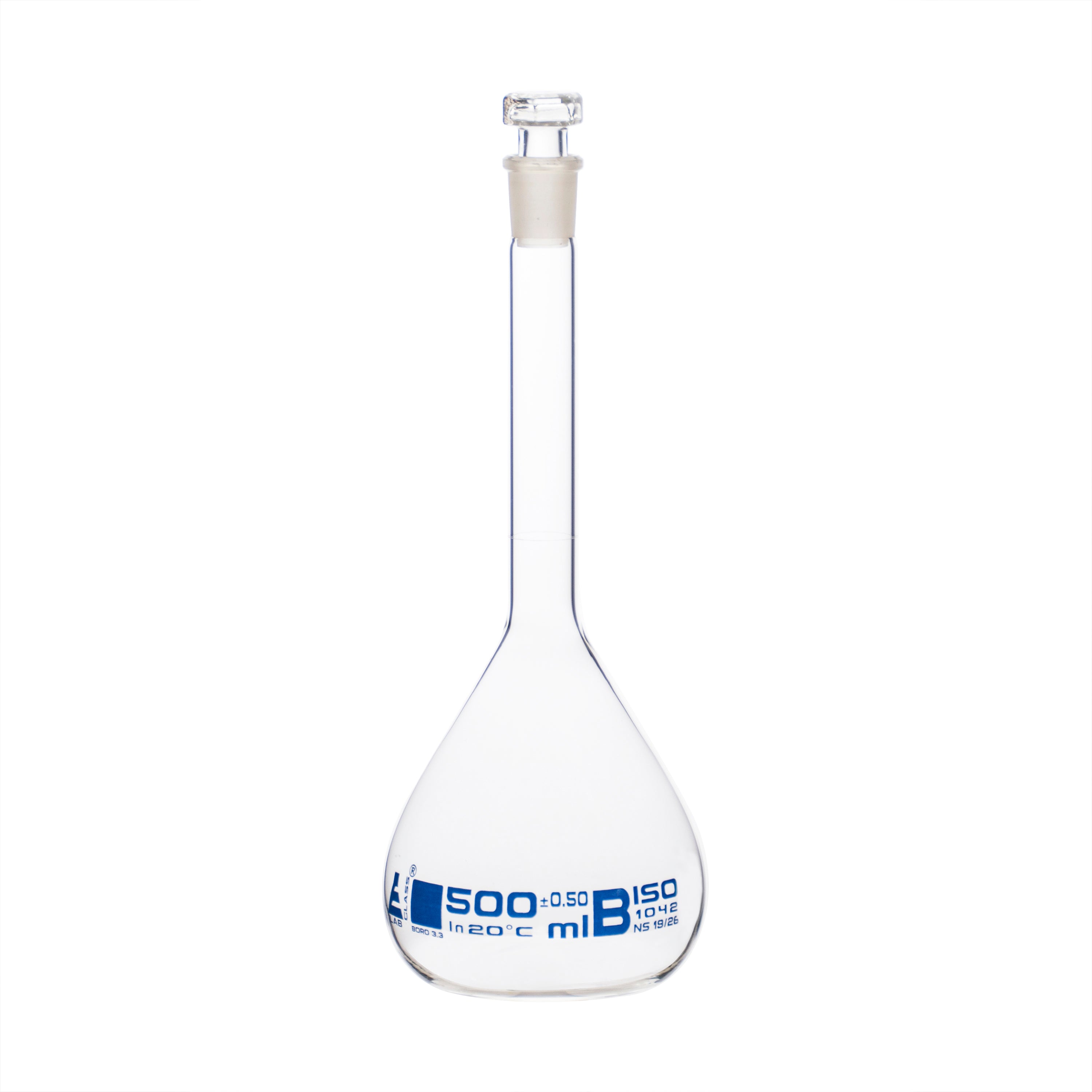 Borosilicate Volumetric Flask with Hollow Glass Stopper, 500ml, Class B, Blue Print, Autoclavable