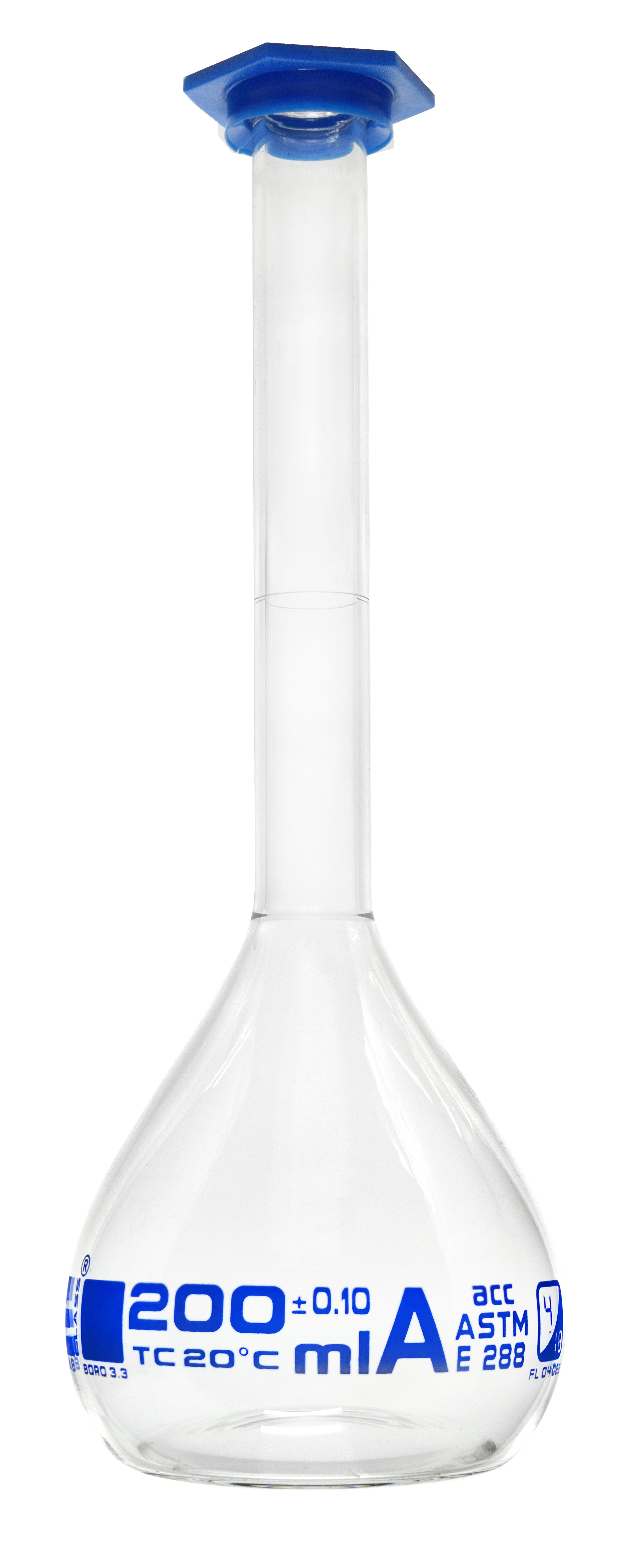 Borosilicate Volumetric Flask with Polyethylene Snap Cap, 200 ml, Class A, Blue Print, ASTM, Autoclavable