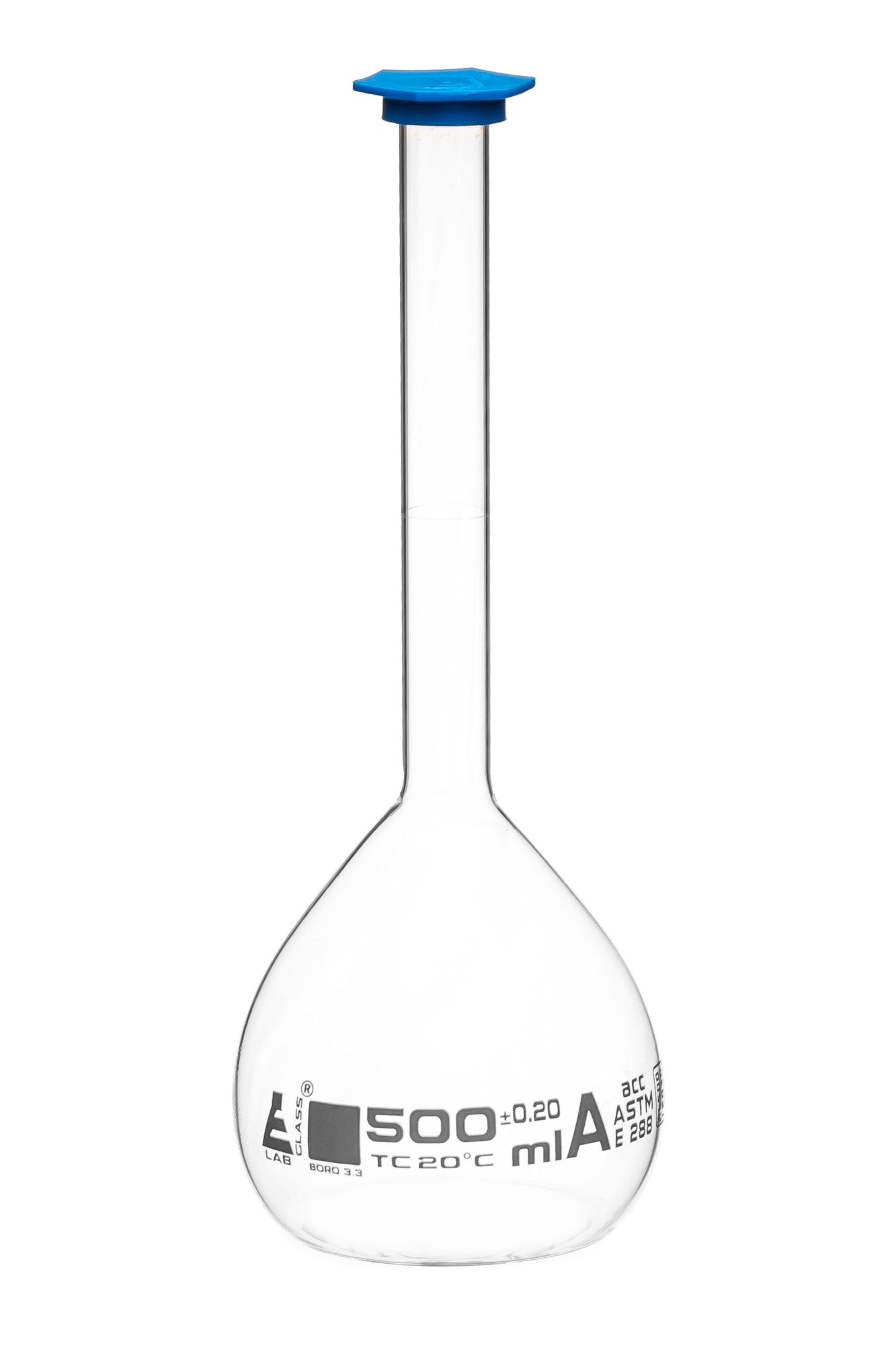Borosilicate Volumetric Flask with Polyethylene Snap Cap, 500 ml, Class A, White Print, ASTM, Autoclavable