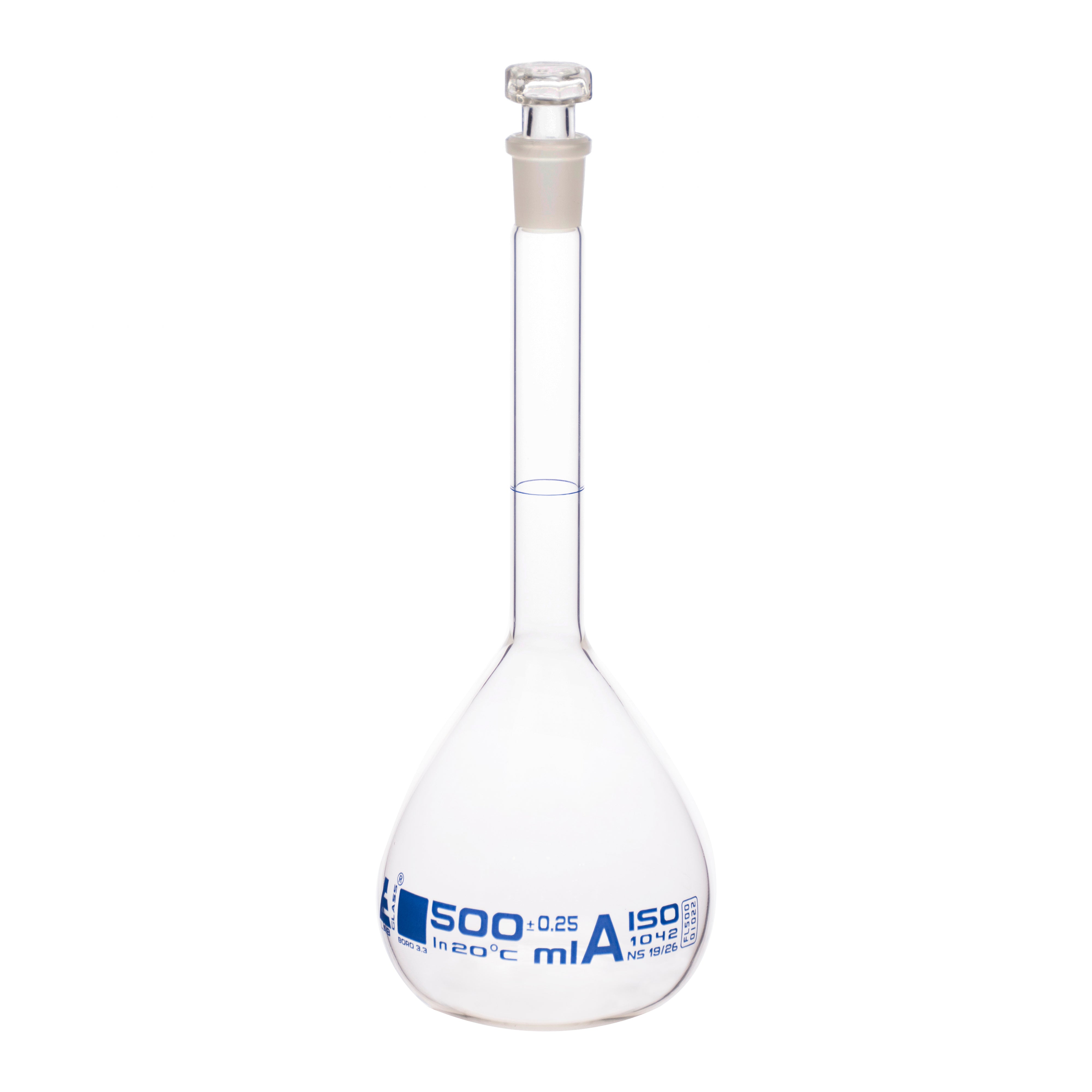 Borosilicate Volumetric Flask with Hollow Glass Stopper, 500ml, Class A, Blue Print, Autoclavable