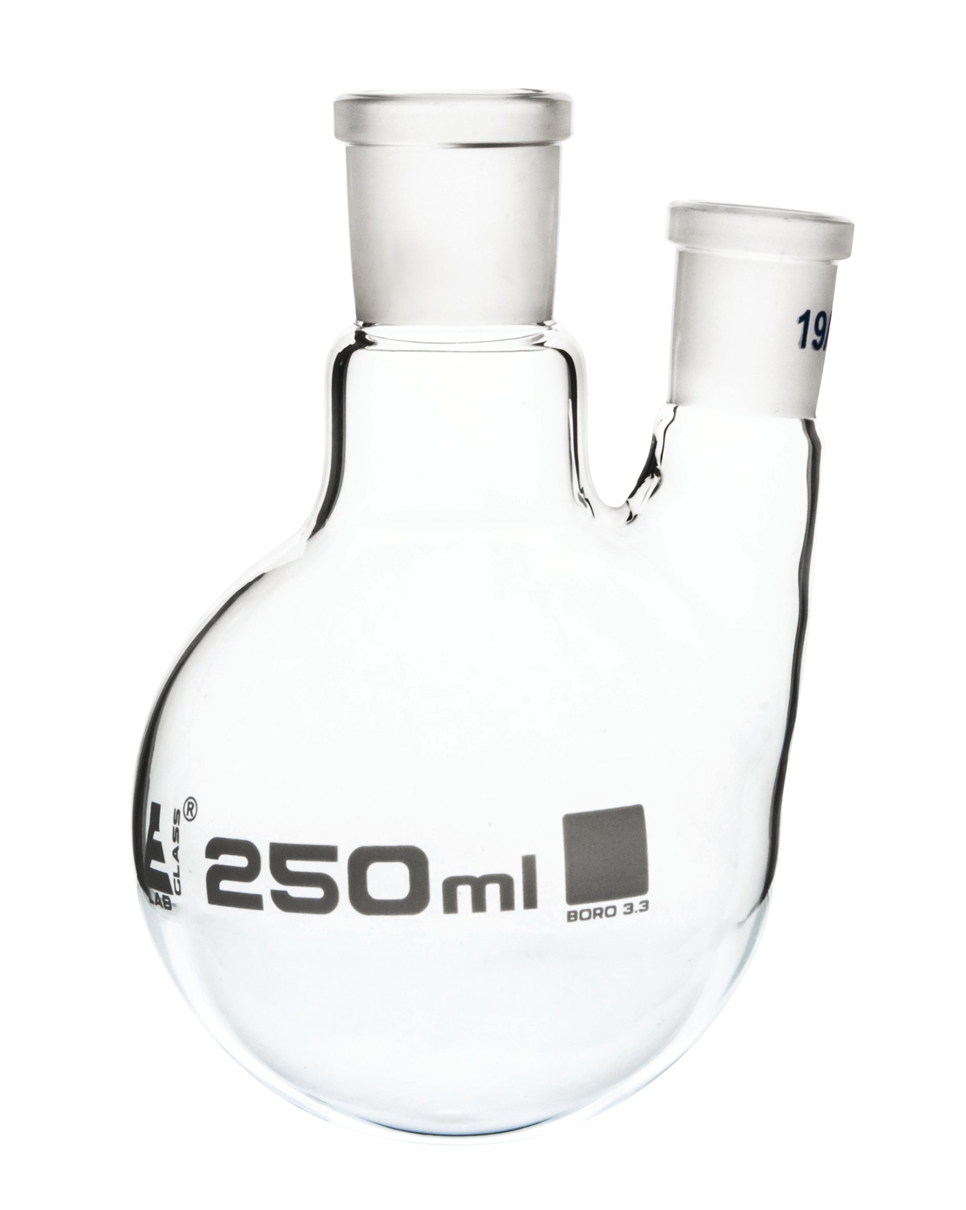 Borosilicate Glass 2 Neck Distillation Flask, 250ml, 24/29 Parallel Neck, 19/26 Side Joint, Autoclavable