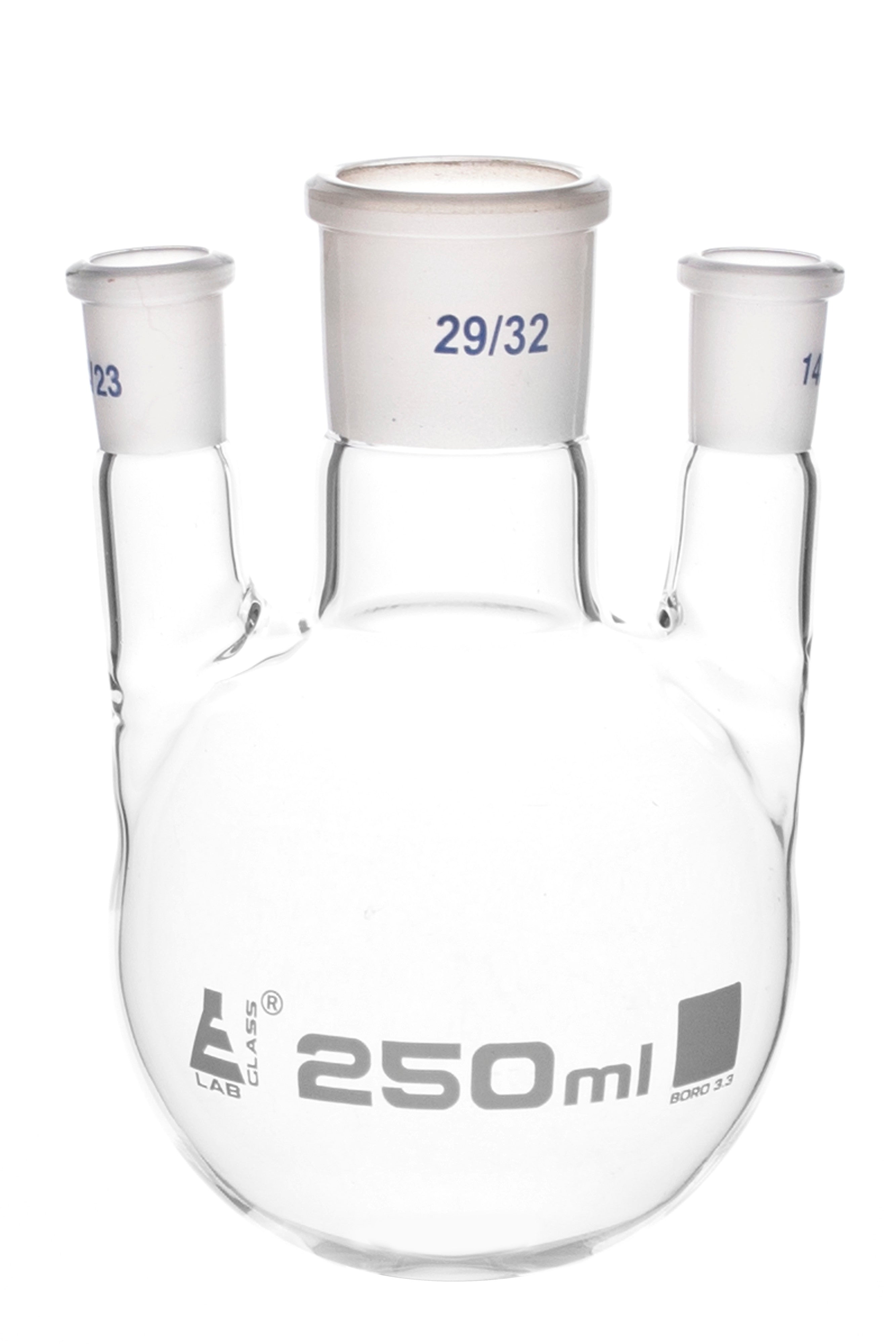 Borosilicate Glass 3 Neck Distillation Flask, 250ml, 29/32 Parallel Neck, 14/23 Side Joint, Autoclavable