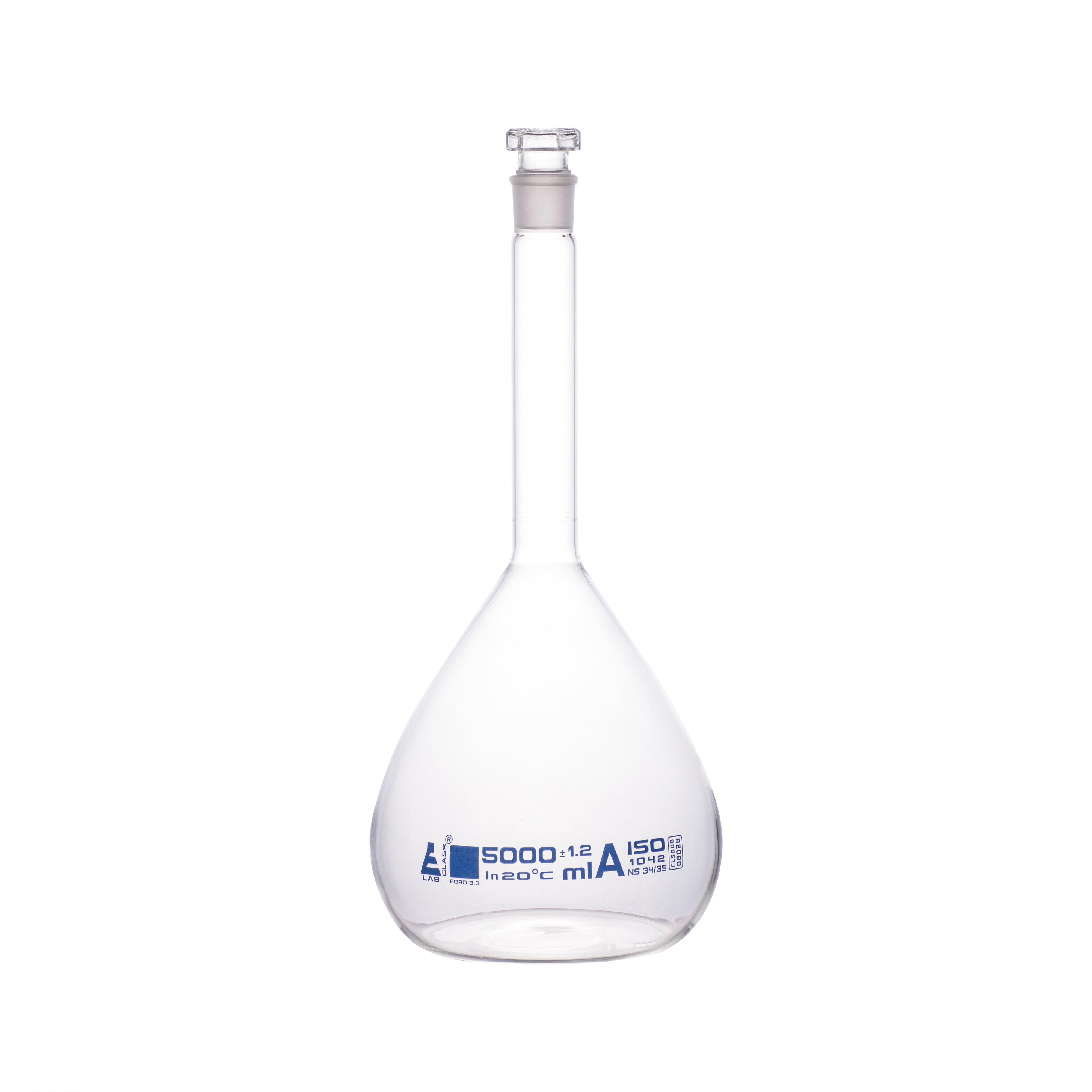 Borosilicate Volumetric Flask with Hollow Glass Stopper, 5000ml, Class A, Blue Print, Autoclavable