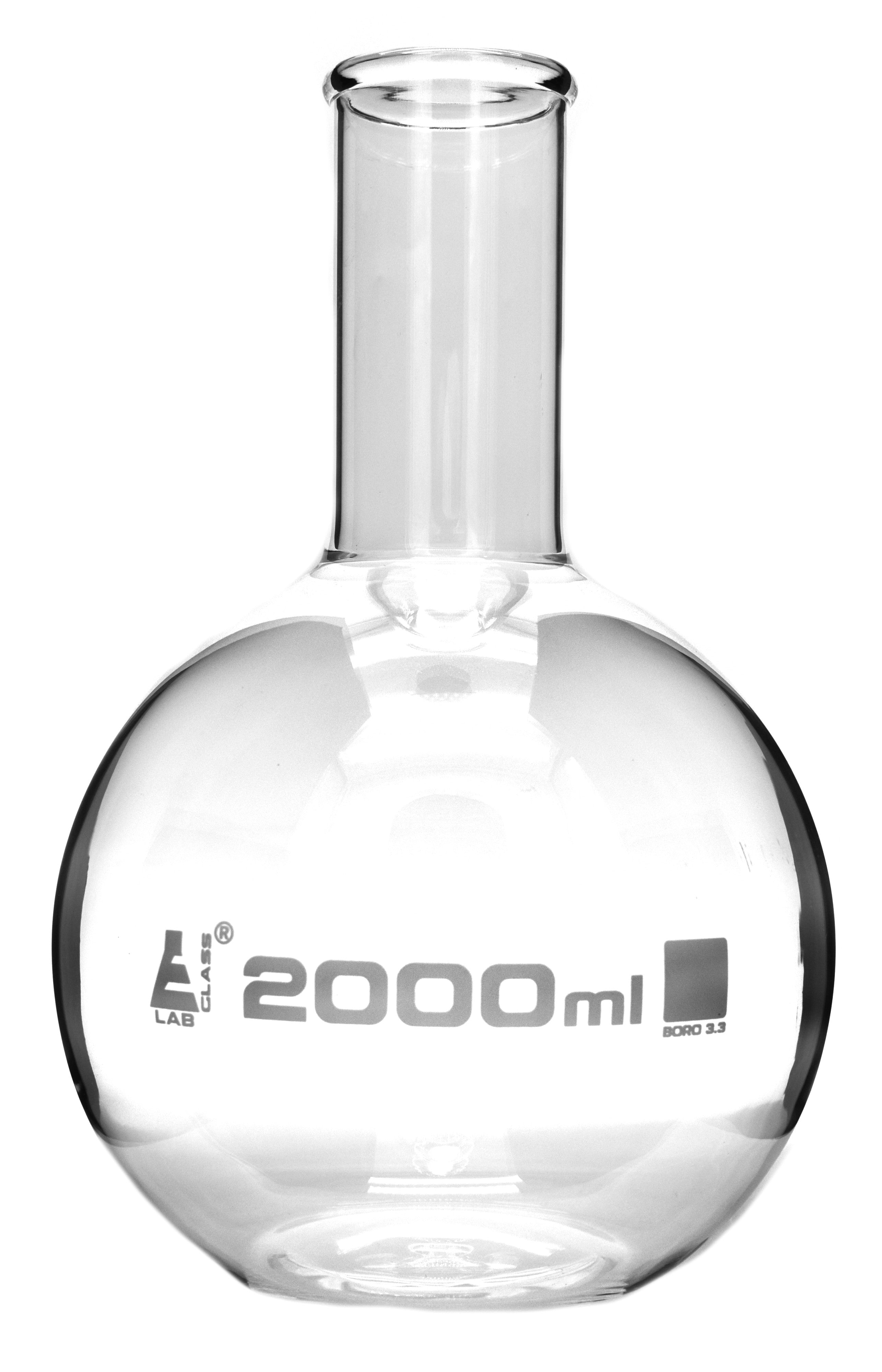 Borosilicate Glass Boiling Flask, 2000 ml, Flat Bottom, Autoclavable