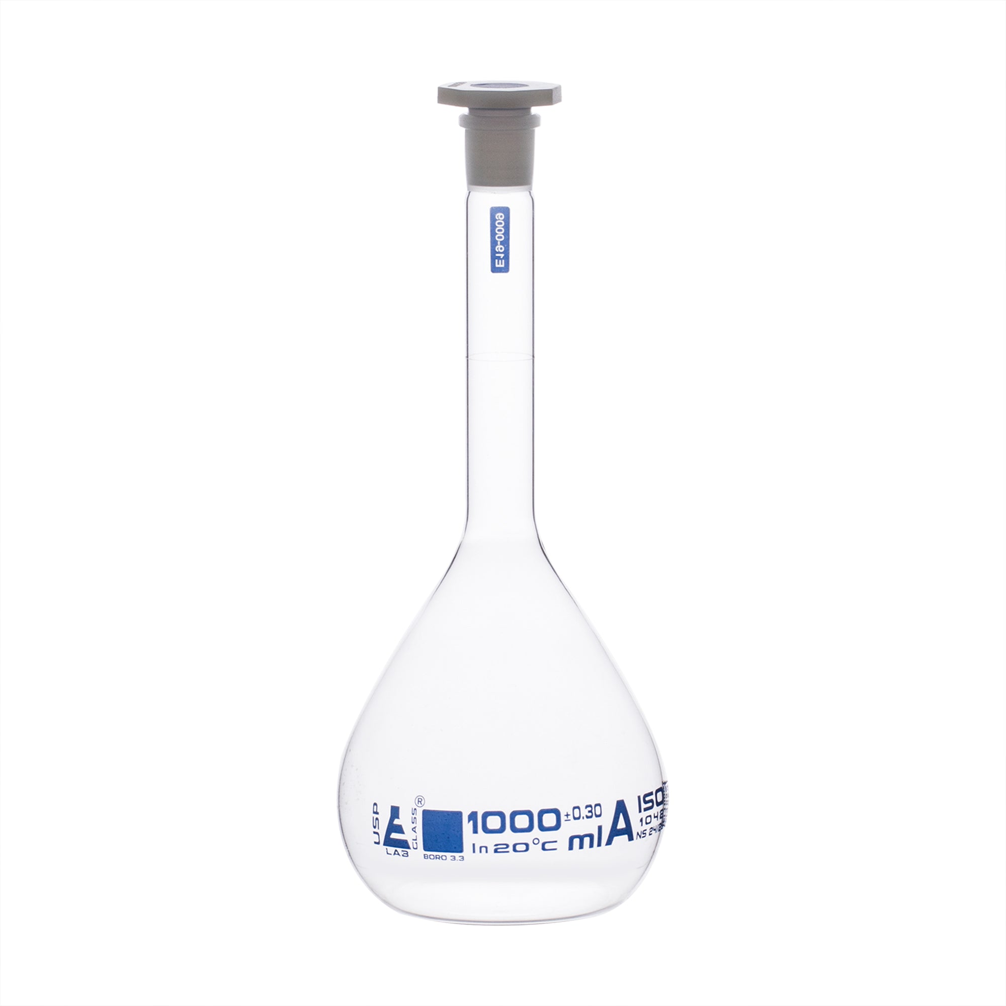 Borosilicate Glass Volumetric Flask with Solid Glass Stopper, 1000 ml, USP Class A with Individual Work Certificate,  Pack of 2, Autoclavable