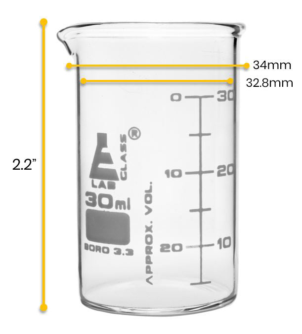 Borosilicate ASTM Low Form Beaker, 30ml, 5ml Graduation, Autoclavable