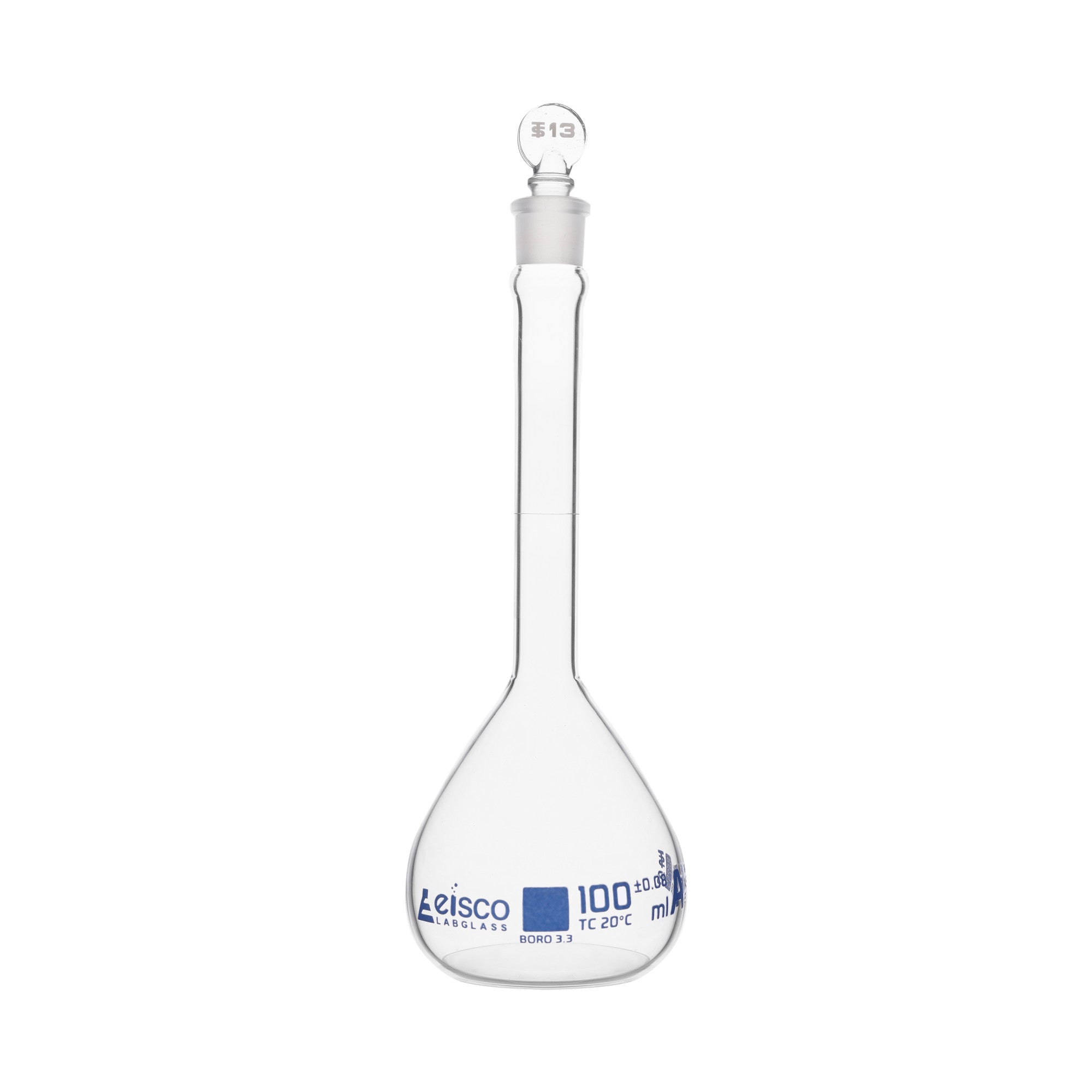 Borosilicate Glass ASTM Volumetric Flask with Glass Stopper, 100 ml, Class A, Autoclavable