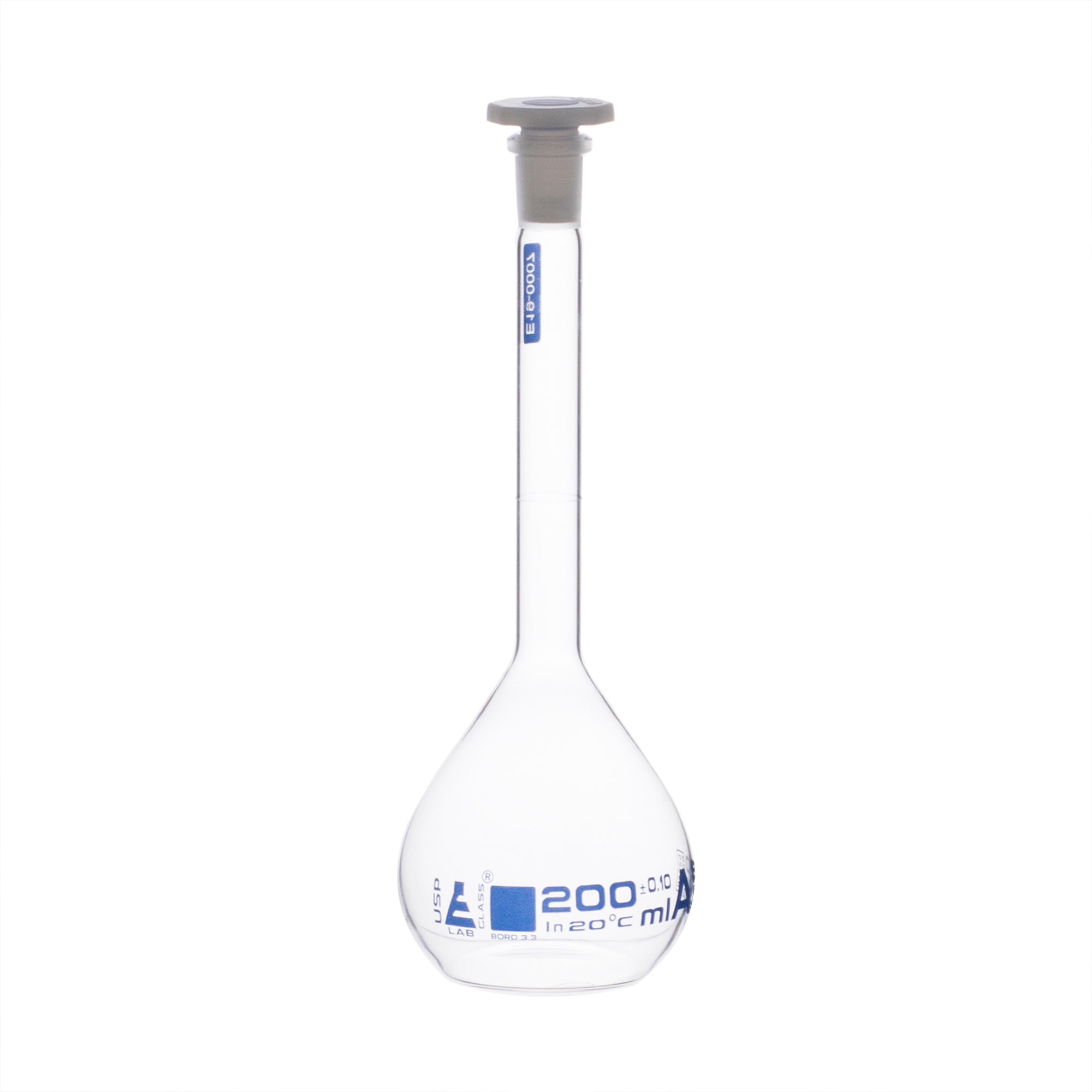 Borosilicate Glass Volumetric Flask with Solid Glass Stopper, 200 ml, USP Class A with Individual Work Certificate,  Pack of 2, Autoclavable
