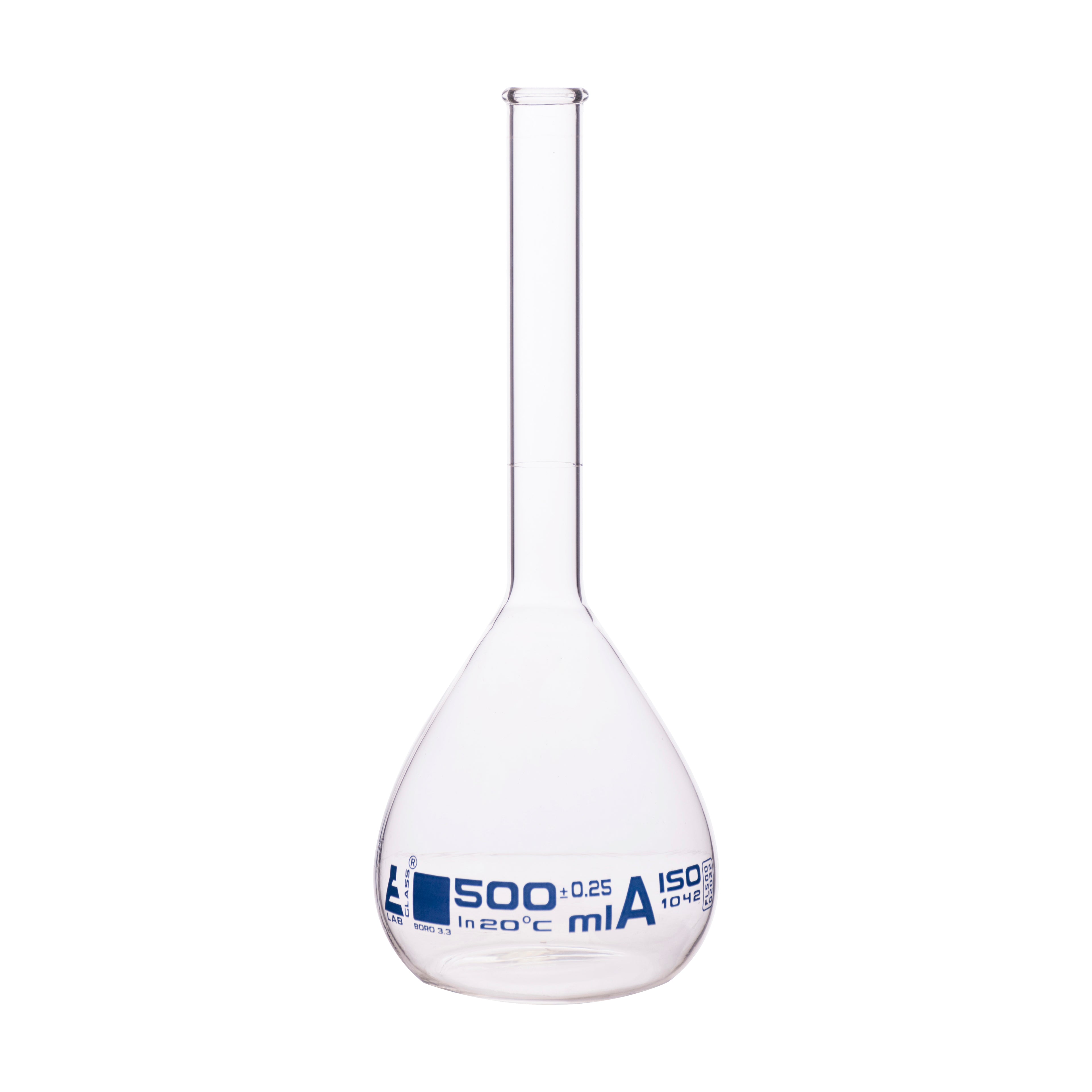 Borosilicate Glass Volumetric Flask with Beaded Rim, 500ml, Class A, Blue Print, Autoclavable