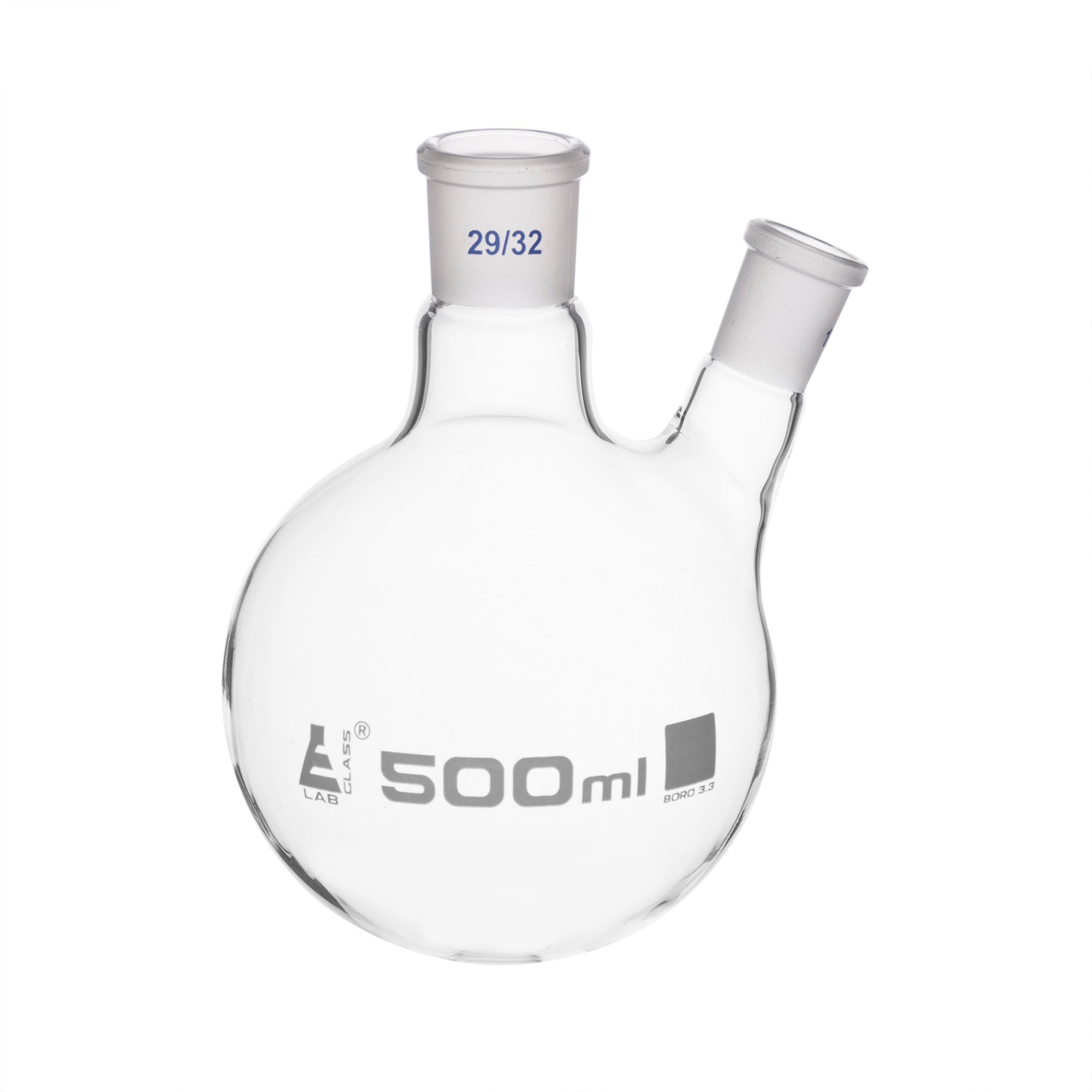 Borosilicate Glass 2 Neck Distillation Flask, 500ml, 24/29 Oblique Neck, 19/26 Side Joint, Autoclavable