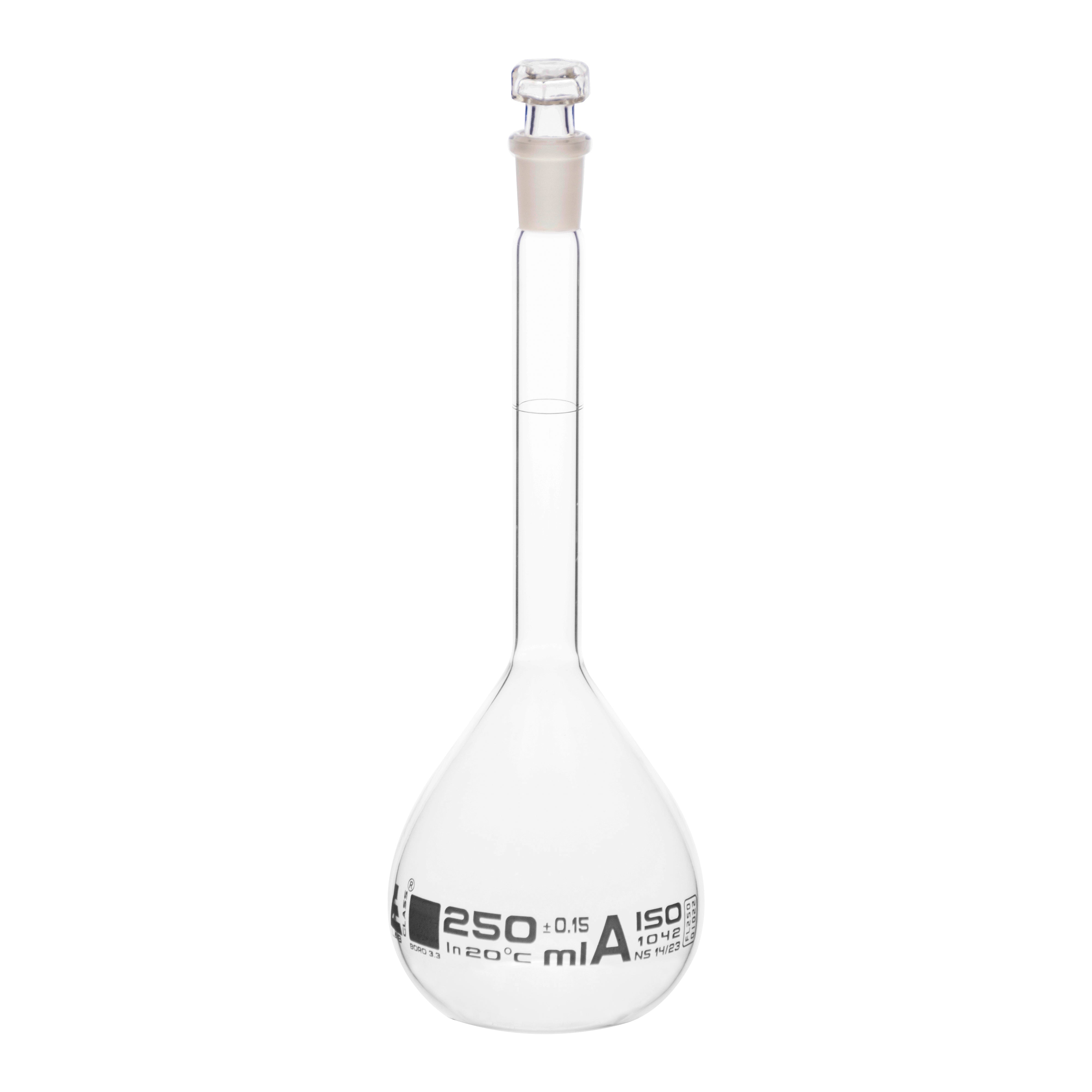 Borosilicate Volumetric Flask with Hollow Glass Stopper, 250ml, Class A, White Print, Autoclavable
