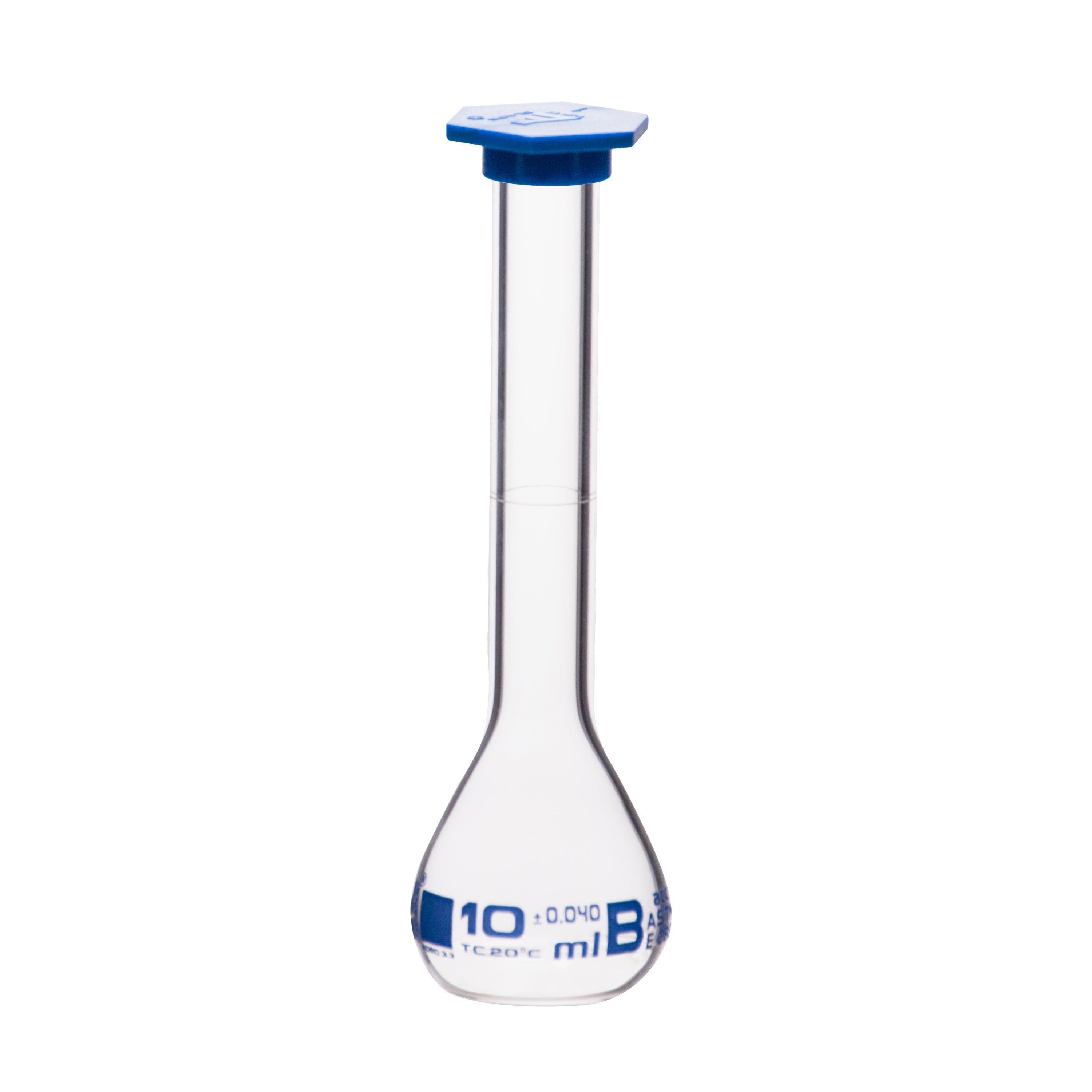 Borosilicate Volumetric Flask with Polyethylene Snap Cap, 10 ml, Class B, Blue Print, ASTM, Autoclavable