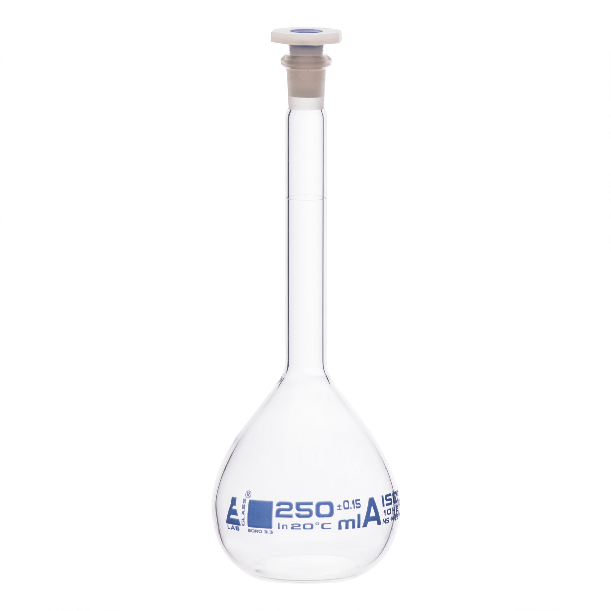 Borosilicate Glass Volumetric Flask with Polyethylene Stopper, 250ml, Class A, Blue Print, Autoclavable