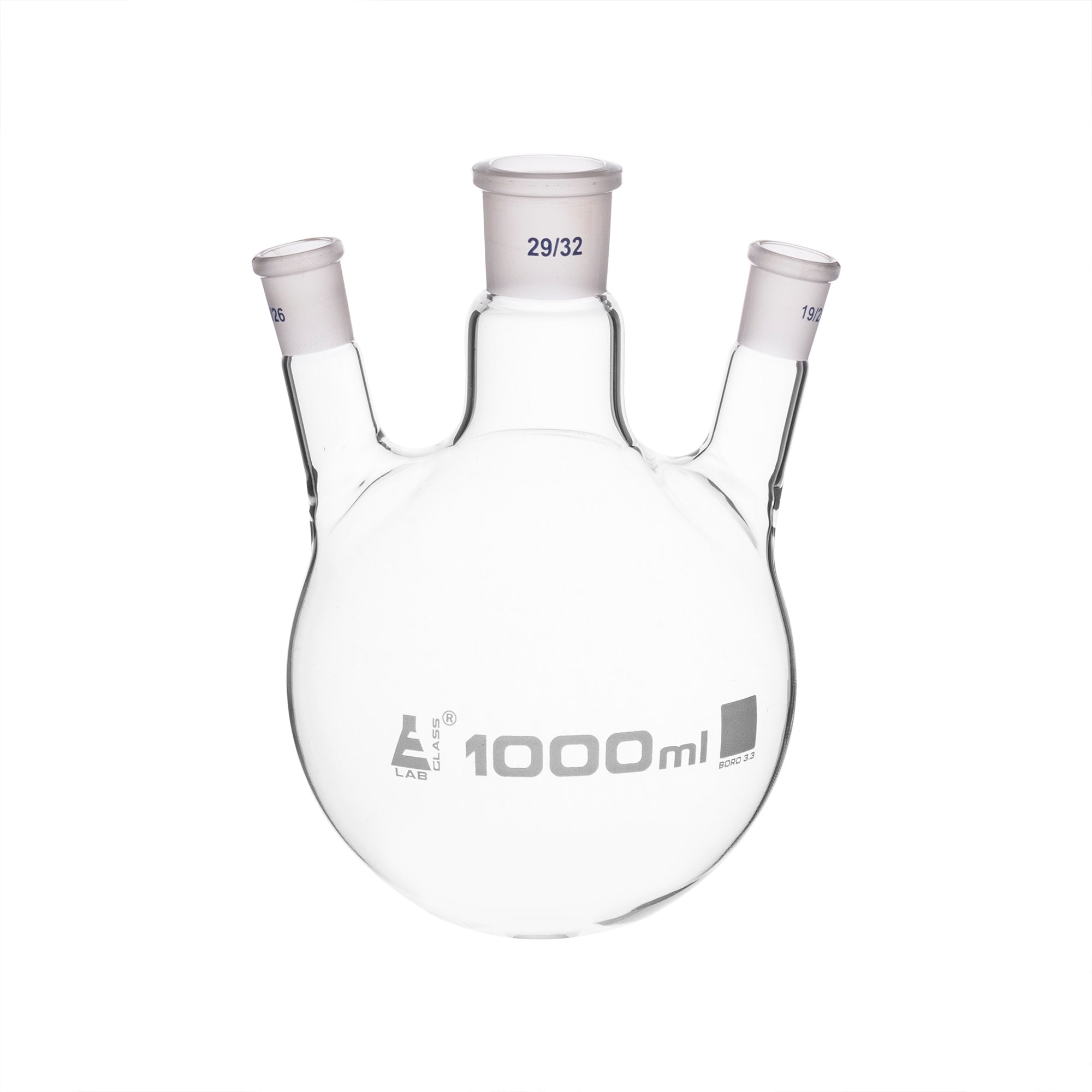 Borosilicate Glass 3 Neck Distillation Flask, 1000ml, 29/32 Oblique Neck, 29/32 Side Joint, Autoclavable