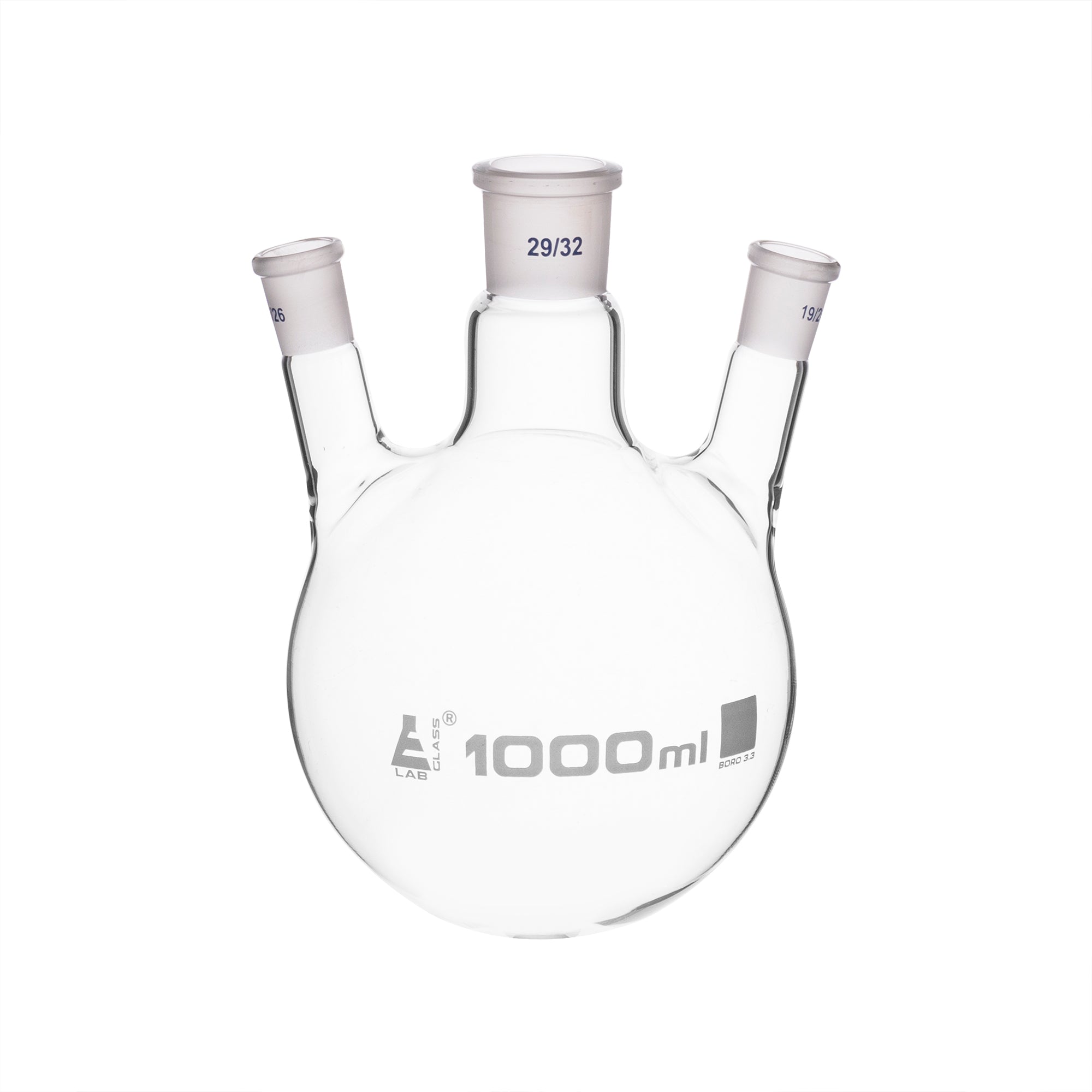Borosilicate Glass 3 Neck Distillation Flask, 1000ml, 29/32 Oblique Neck, 19/26 Side Joint, Autoclavable