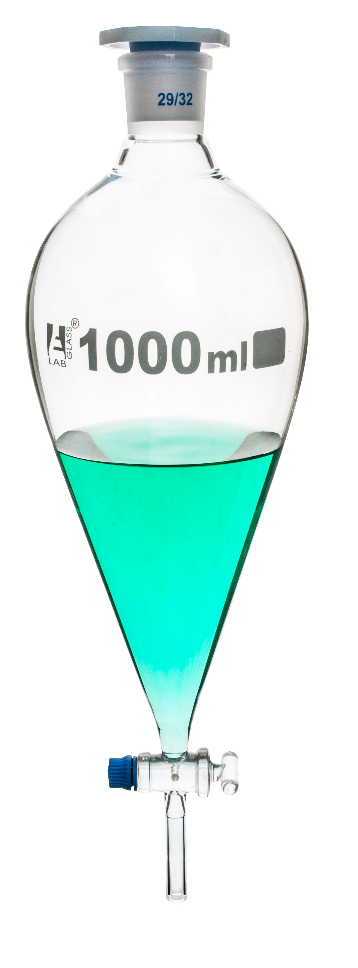 Glass Squibb Separatory Funnel with Glass Key Stopcock and Interchangeable Polypropylene Stopper, 1,000 ml, Autoclavable