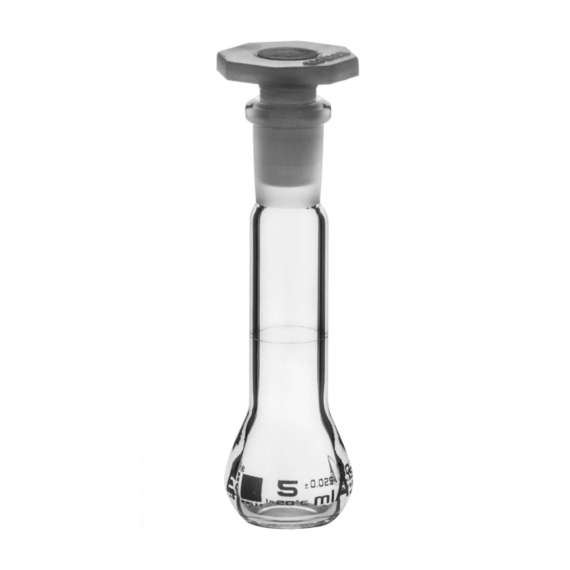 Borosilicate Glass Volumetric Flask with Polyethylene Stopper, 5ml, Class A, White Print, Autoclavable