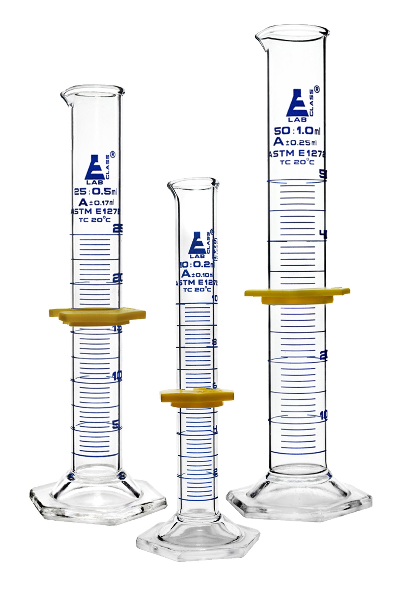 Borosilicate Glass Safety Pack Graduated Cylinder Set (10 ml, 25 ml, 50 ml) with Guard, Class A, ASTM, Autoclavable