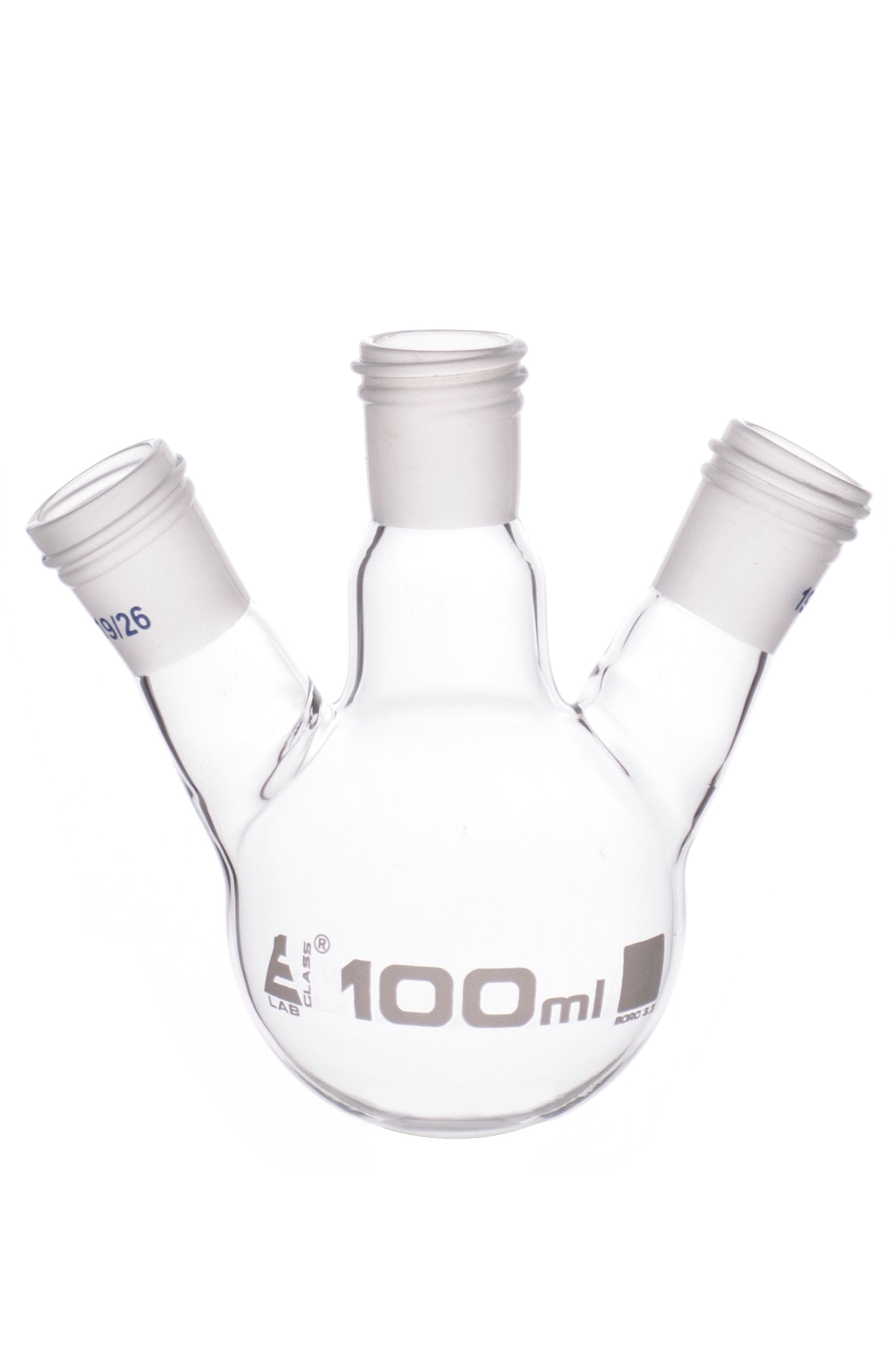 Borosilicate Glass 3 Neck Distillation Flask, 19/26 Screw Thread Joint, 100 ml, Autoclavable