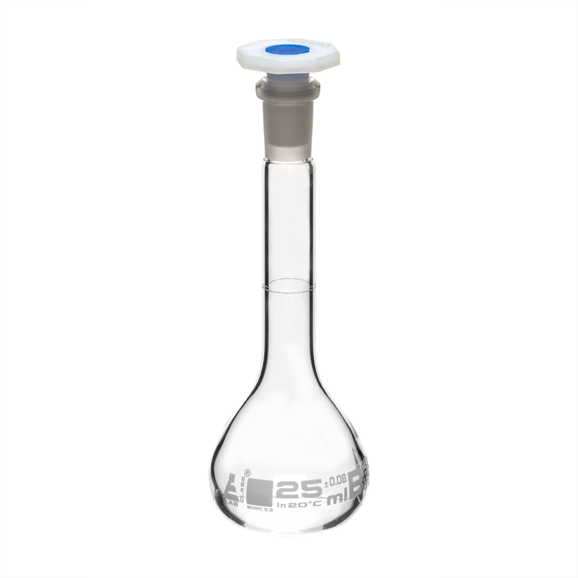 Borosilicate Glass Volumetric Flask with Polyethylene Stopper, 25ml, Class B, White Print, Autoclavable