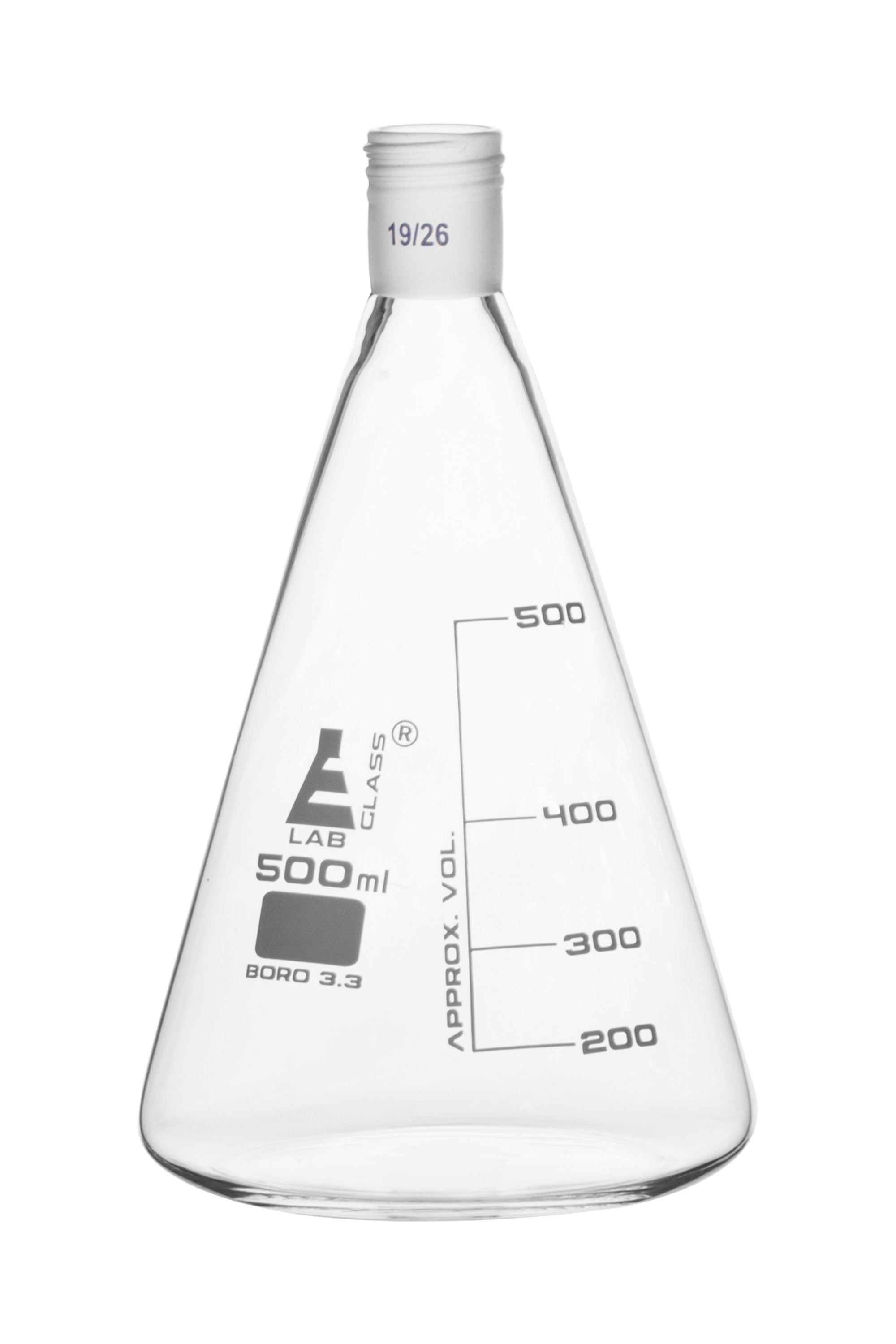 Borosilicate Glass Erlenmeyer Flask with 19/26 Screw Thread Neck Joint, 500 ml, 100 ml Graduations, Autoclavable