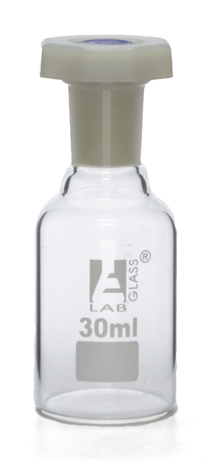 Clear Borosilicate Glass Reagent Bottle with Polyethylene Stopper, 30 ml, Narrow Mouth, Autoclavable