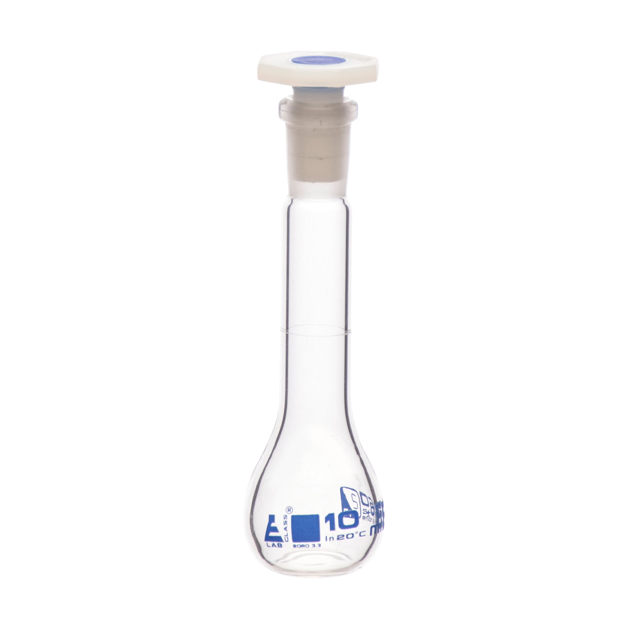 Borosilicate Glass Volumetric Flask with Polyethylene Stopper, 10ml, Class B, Blue Print, Autoclavable