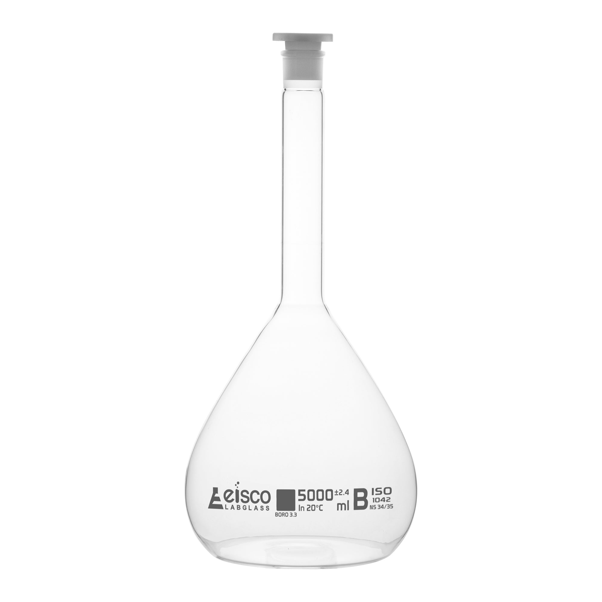 Borosilicate Glass Volumetric Flask with Polyethylene Stopper, 5000ml, Class B, White Print, Autoclavable