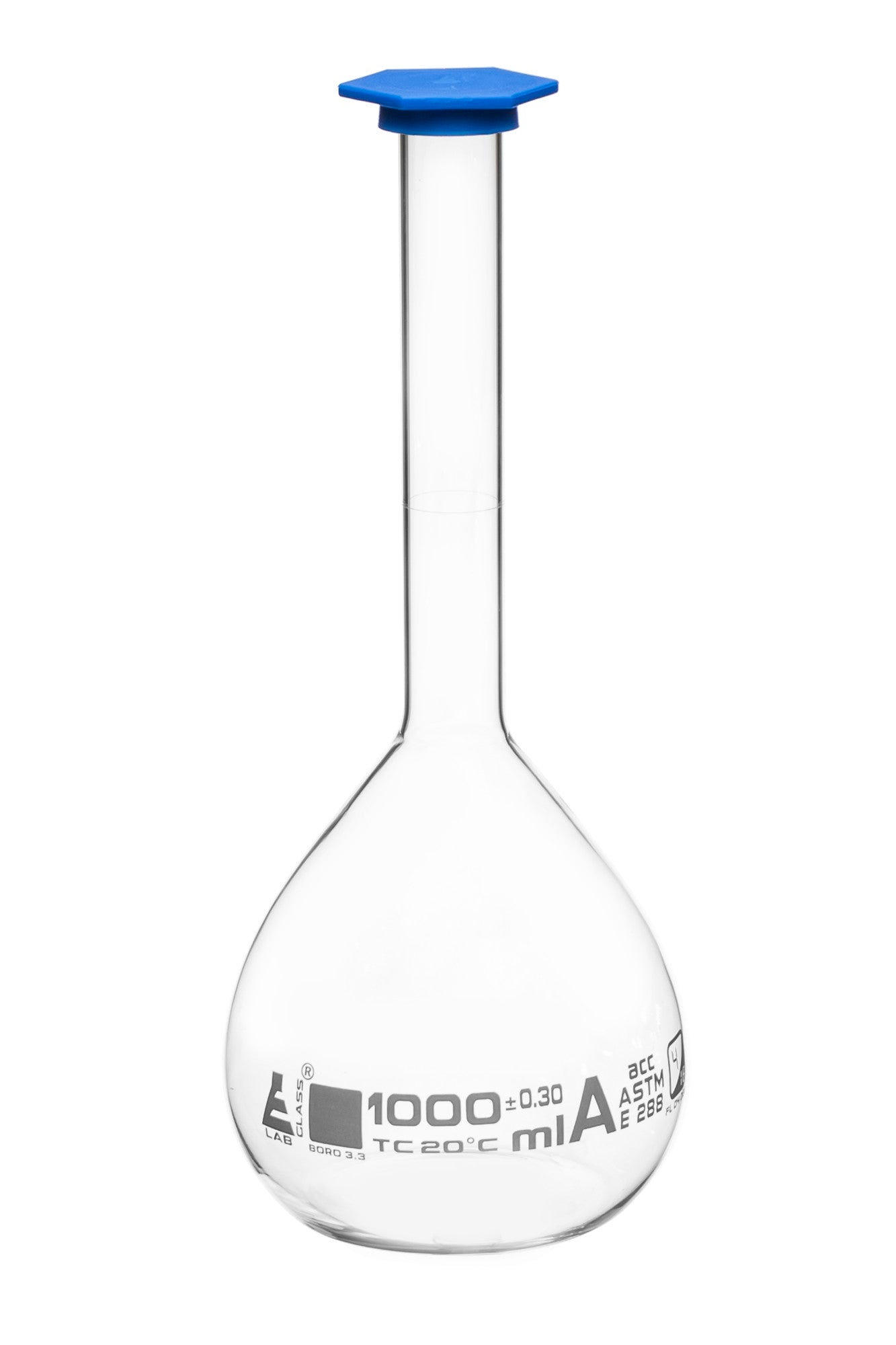 Borosilicate Volumetric Flask with Polyethylene Snap Cap, 1000 ml, Class A, White Print, ASTM, Autoclavable