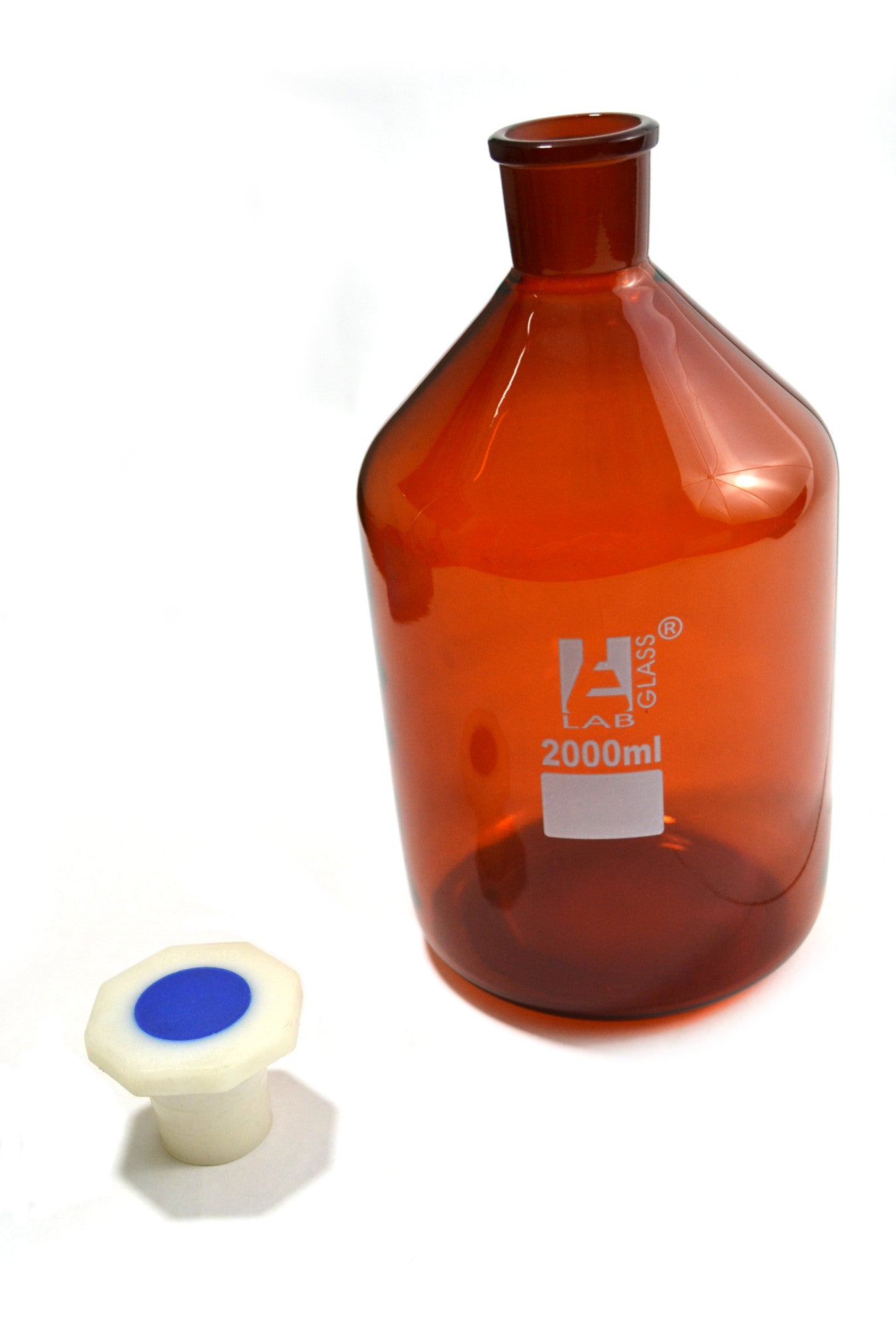 Amber Borosilicate Glass Reagent Bottle with Polyethylene Stopper, 2000 ml, Narrow Mouth,  Autoclavable
