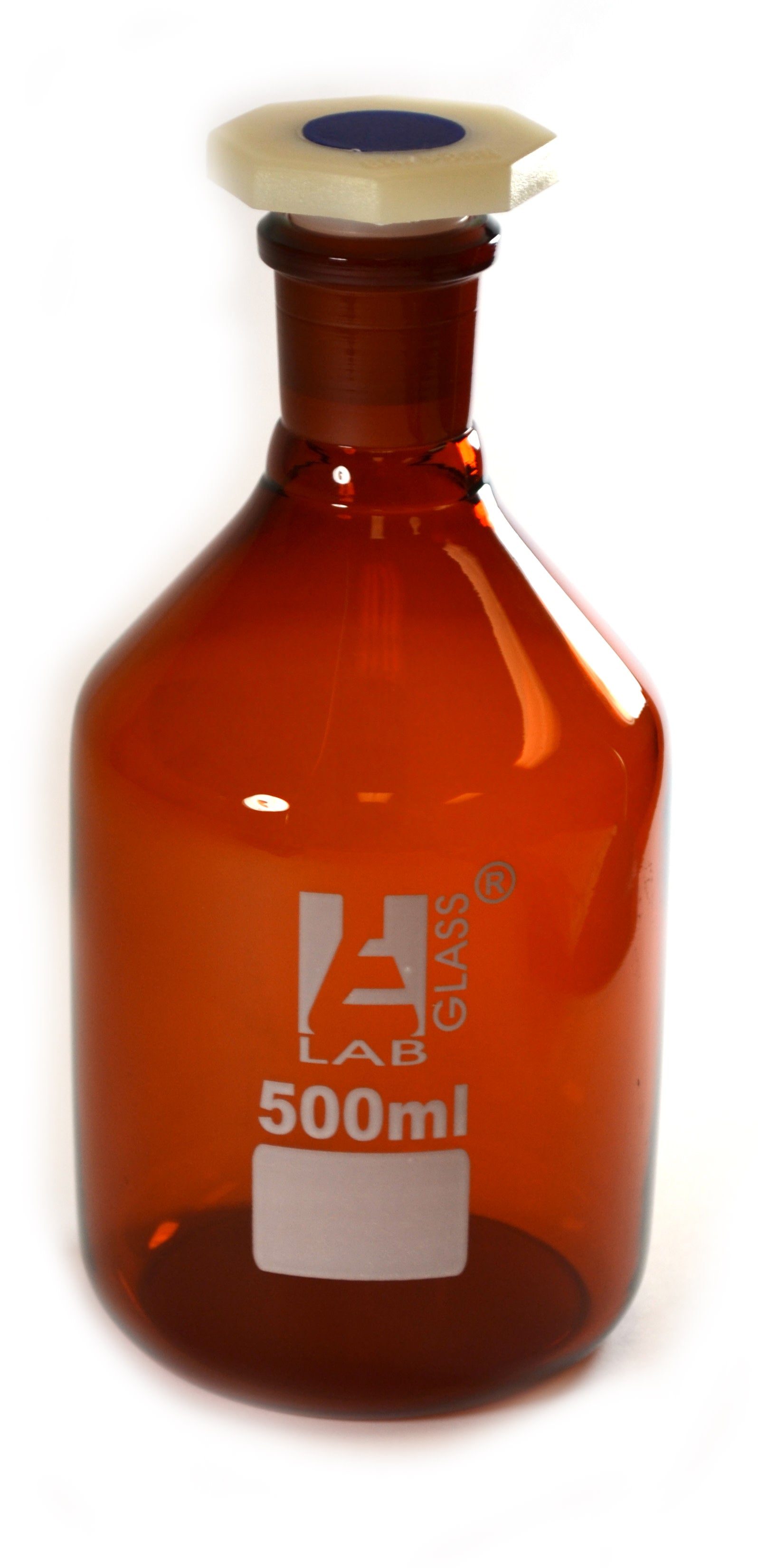 Amber Borosilicate Glass Reagent Bottle with Polyethylene Stopper, 500 ml, Narrow Mouth,  Autoclavable