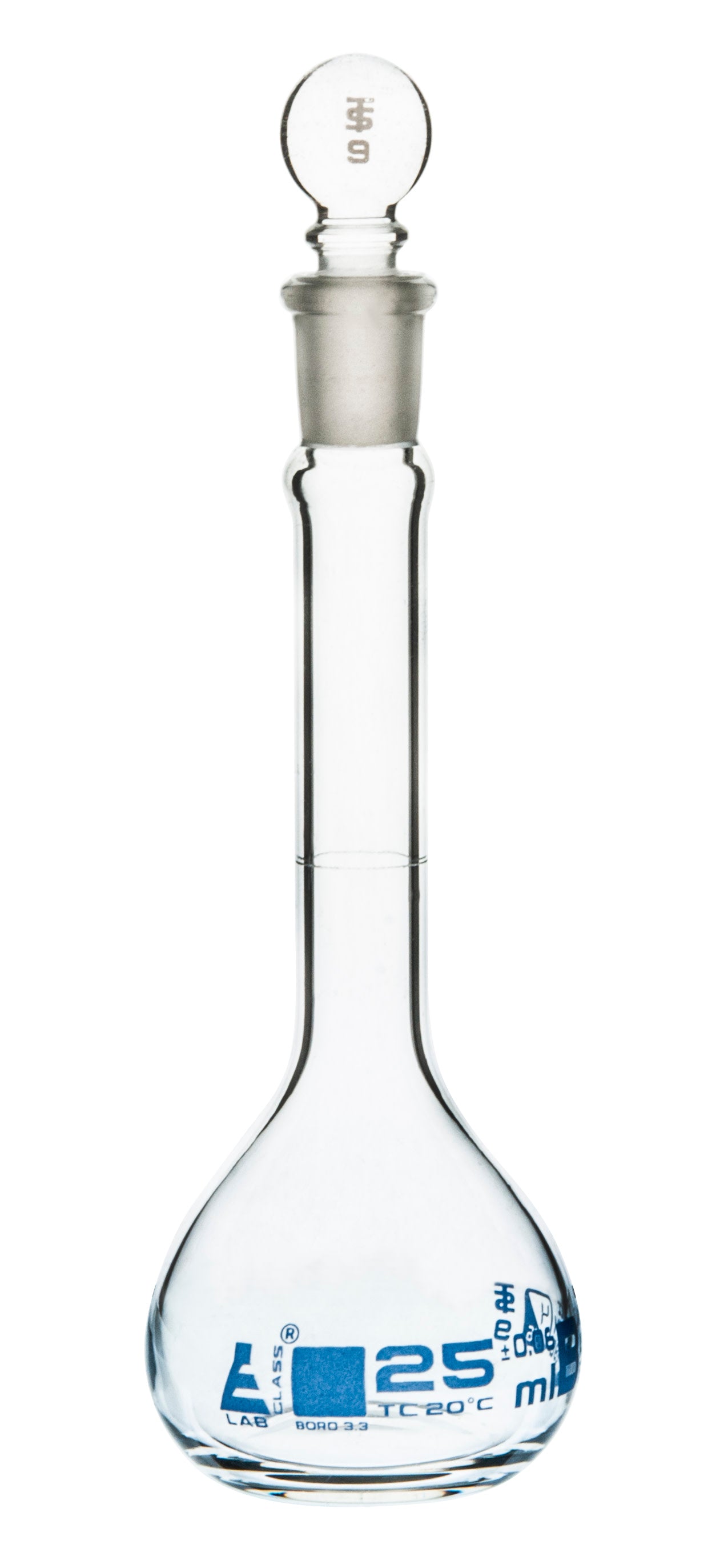 Borosilicate Glass ASTM Volumetric Flask with Glass Stopper, 25 ml, Class B, Autoclavable